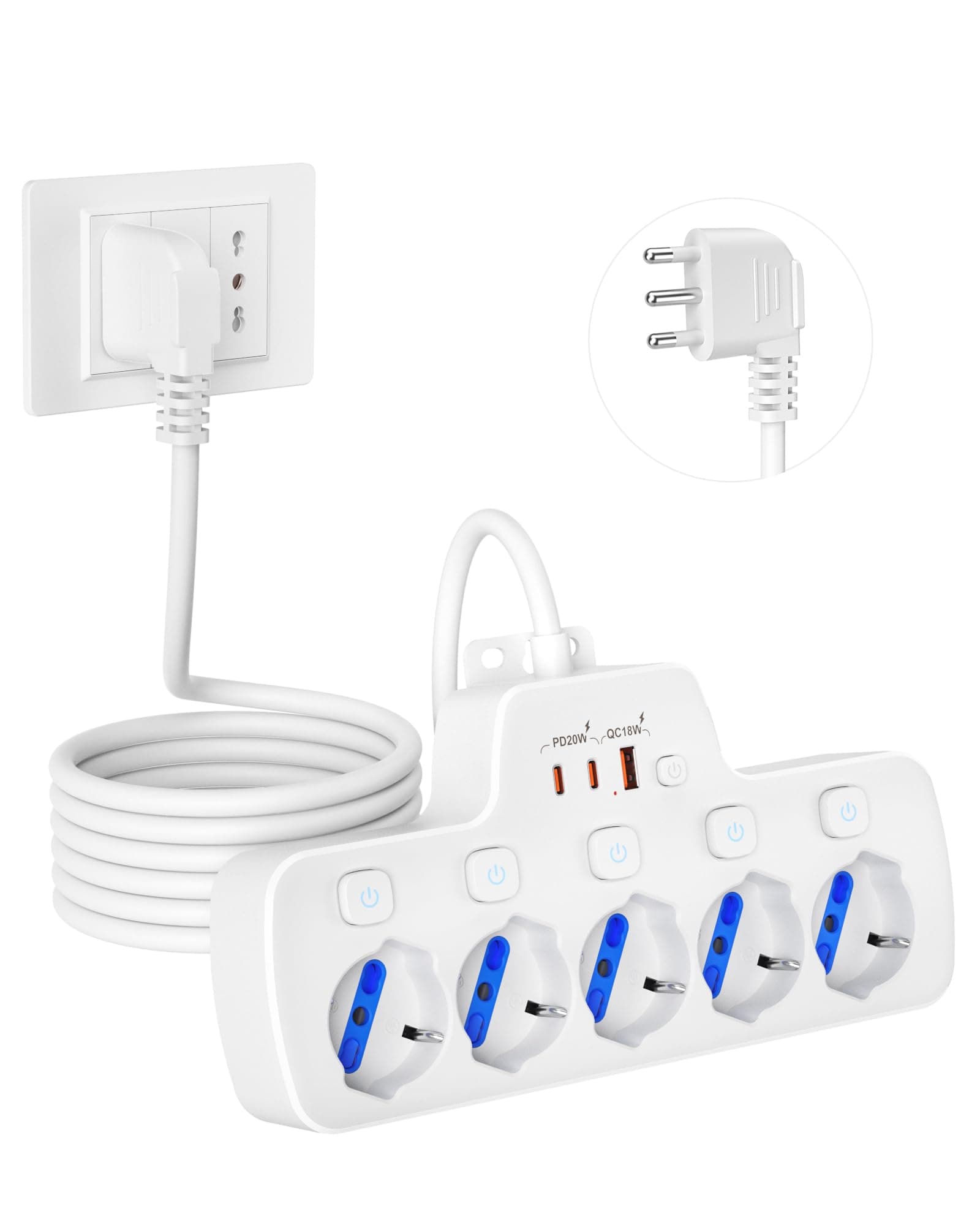 Ciabatta Multipresa con USB,Multipresa 5 Posti Polivalenti Schuko 10/16A,Ciabatta Elettrica con Interruttori Indipendenti,Presa Multipla Salvaspazio per Bivalenti Bipasso,Italian Spina16A,Bianco,1,5m