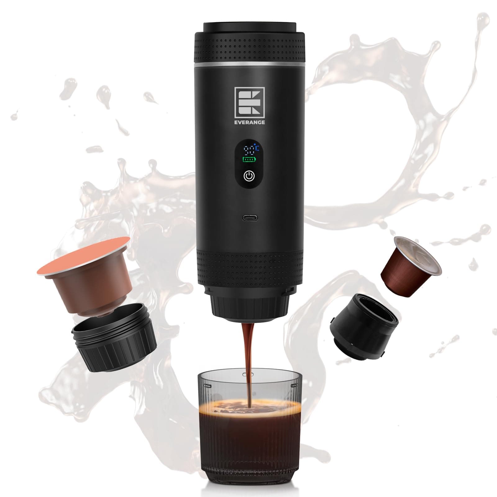 EVERANGE Cafetera eléctrica portátil, cafetera de viaje compatible con café molido y cápsulas NS (negra con pantalla LCD)