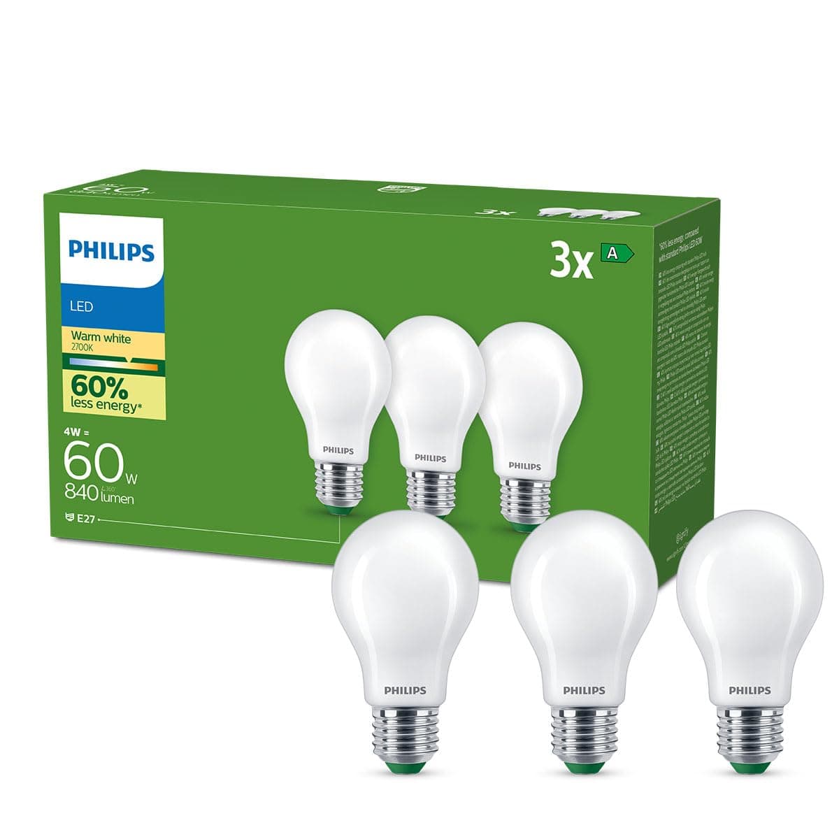 PHILIPS LED Lampadina Goccia Smerigliata Classe A Ultra Efficiente, 3 Pezzi, 60W, E27, Luce Bianca Calda