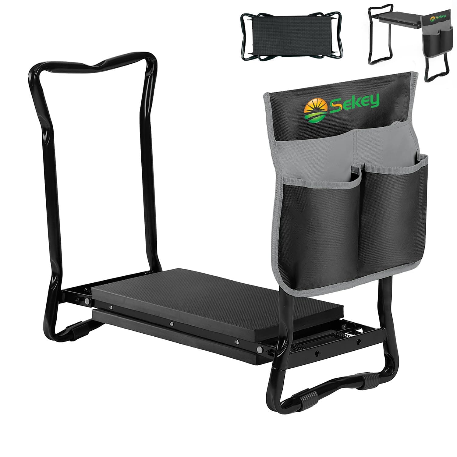 Sekey Höhenverstellbare Kniebank für Gartenarbeit Belastbarkeit 160KG, Gartenhocker Klappbar mit Werkzeugtaschen, Kniehilfe für Gartenarbeiten 60 * 50 * 28 cm, Schwarz (Standard)