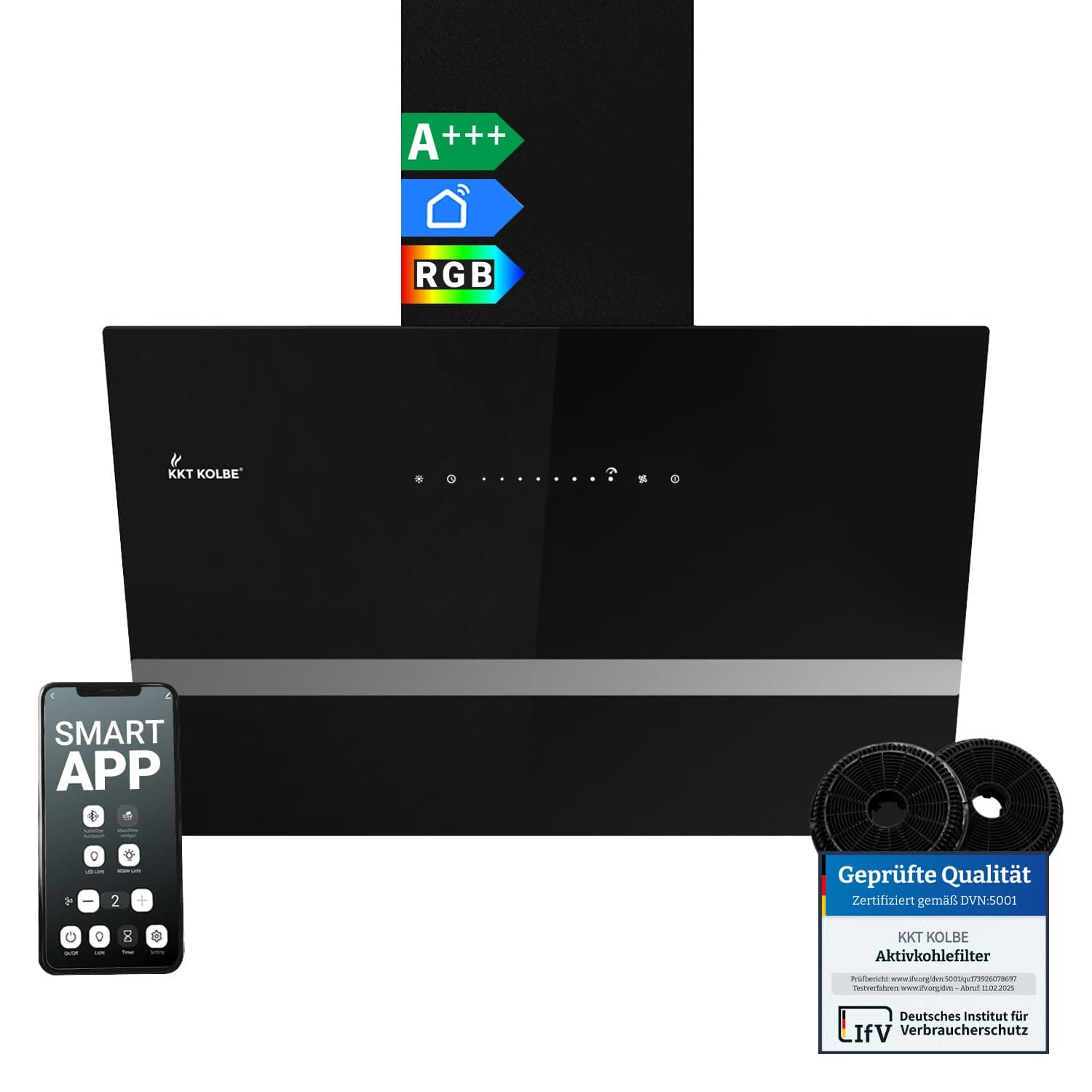 Cappa aspirante 60 cm/Cappa Cucina Inclinata/acciaio inossidabile/vetro nero/WiFi/auto spegnimento/Illuminazione LED RGBW/Operazione di tocco / EASY6005SM