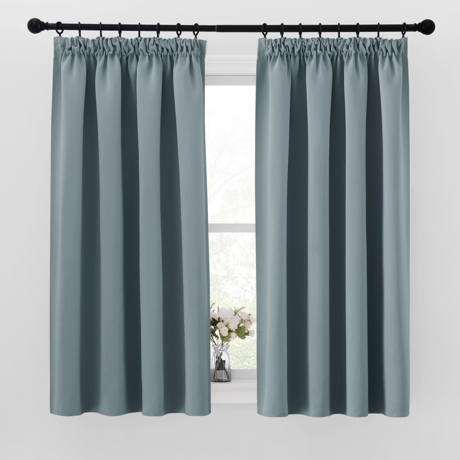 PONY DANCE 2er Set Gardinen Blickdicht Kräuselband für Schienensystem Thermo Vorhang Kälteschutz Verdunklungsvorhänge Thermal Curtains Blackout, H 160 x B 140 cm, Graublau