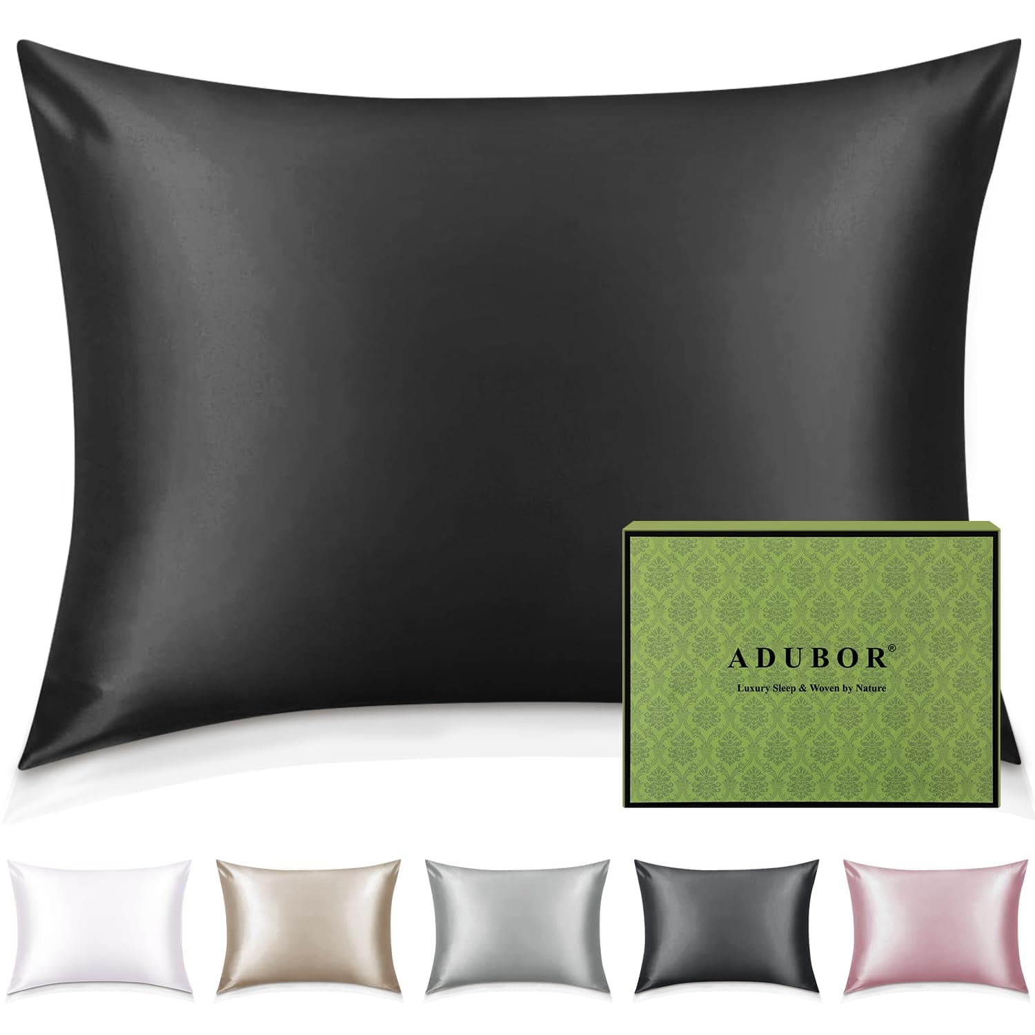 Adubor Taie Oreiller 100% Soie, 22 Momme Soie de Mûrier, Grade 6A, Taie d'oreiller Soie pour la Santé des Cheveux et de la Peau, avec Fermeture Éclair Dissimulée (50×70cm, Noir, 1 pièce)