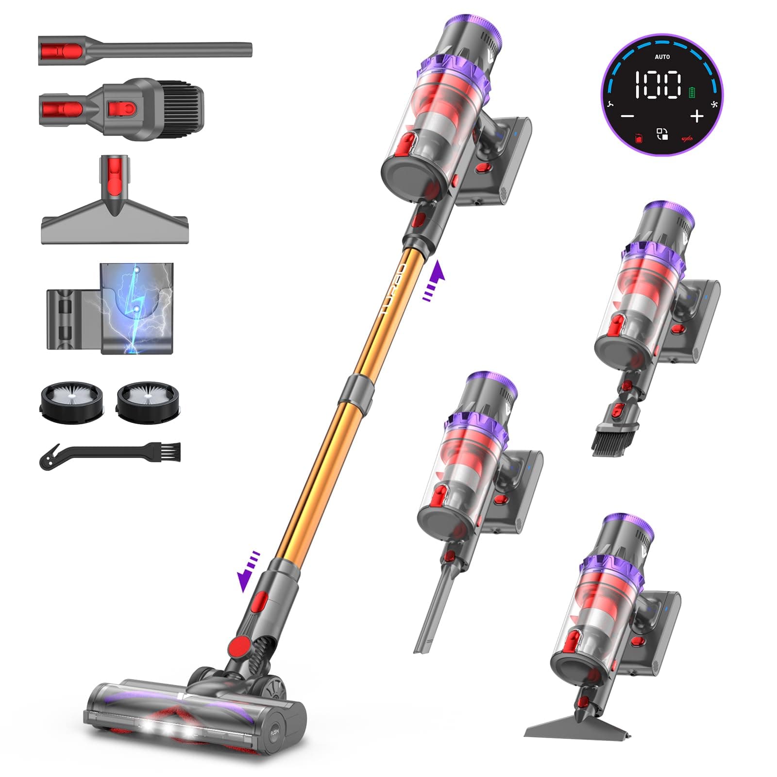 coovy SU7 Aspirateur Balai sans Fil 580W/55Kpa/75Mins, Aspirateur sans Fil Puissant, Chargement Mural, Écrans Tactiles LED, 1,3L Capacité, pour Sols Durs/Tapis/Les Poils d'animaux