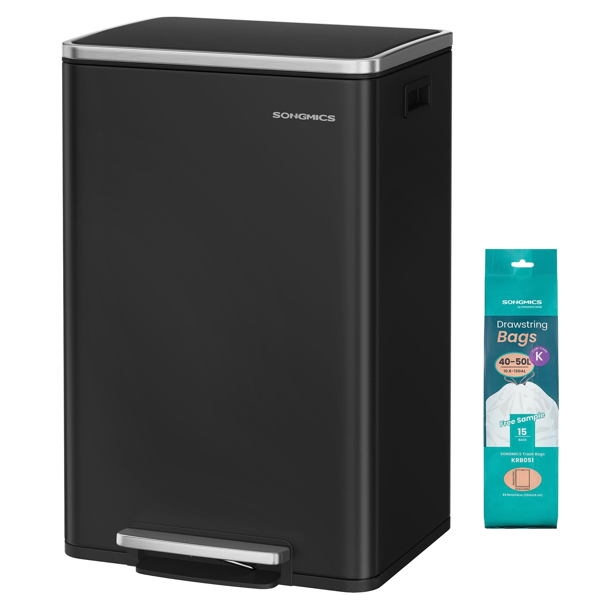 SONGMICS Poubelle de Cuisine 50 L, avec 15 Sacs Poubelle, en Acier, Seau Intérieur Amovible en Plastique, avec Couvercle, Poignées, Fermeture en Douceur, Noir d'Encre LTB595B02