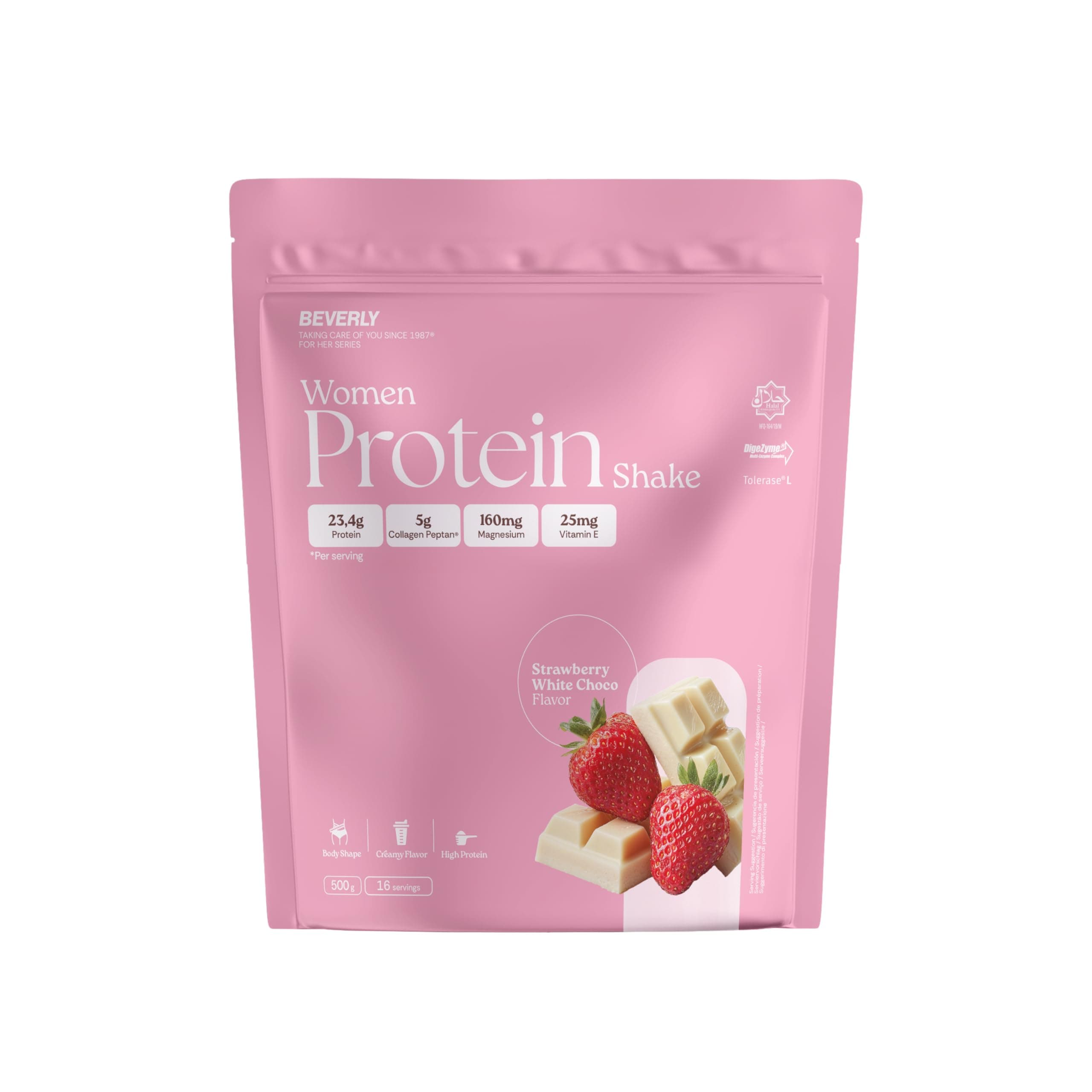 Beverly Women Protein - Proteína de suero especial mujer con colágeno marino, magnesio y vitamina E - 24 g de proteína por servicio - 16 servicios (500 g, Chocolate blanco fresa)