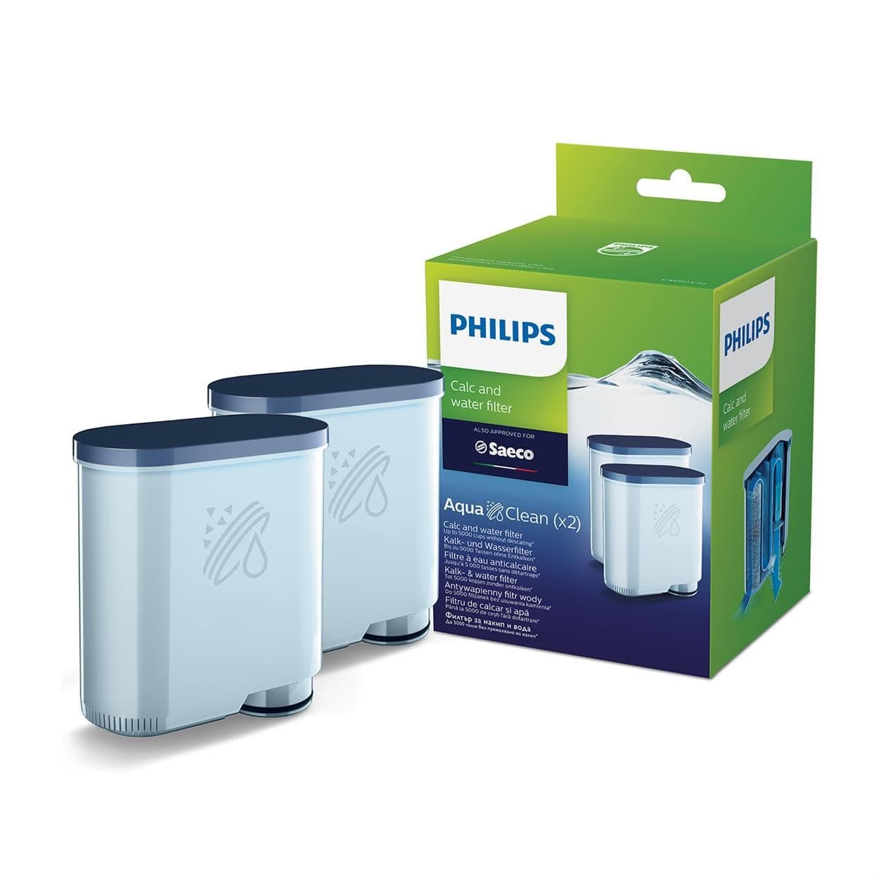 Philips AquaClean Filter, Kalkschutz, natürliche Kalkentfernung, verbesserter Kaffeegeschmack, einfache Installation, bis zu 5.000 Tassen ohne Entkalken, Click&Go-System, 2x Filter im Set (CA6903/22)