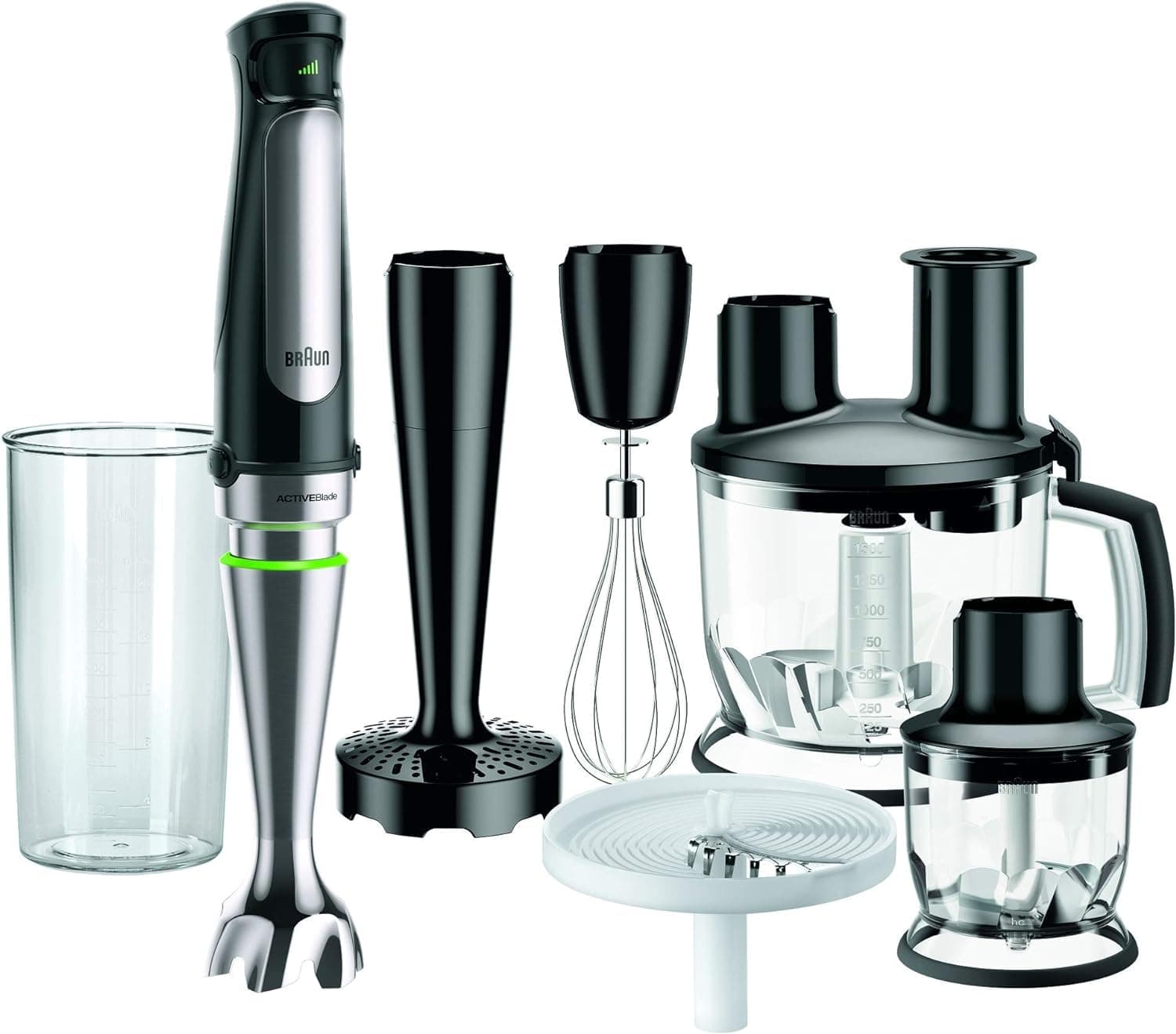 Braun Minipimer 7 - Batidora de Mano con Tecnología SplashControl, Sistema ActiveBlade para Alimentos Duros, Selección de Velocidad, Procesador 1,5L, Picadora, Vaso 600 mL, 1000 W, Negro (MQ7087X)