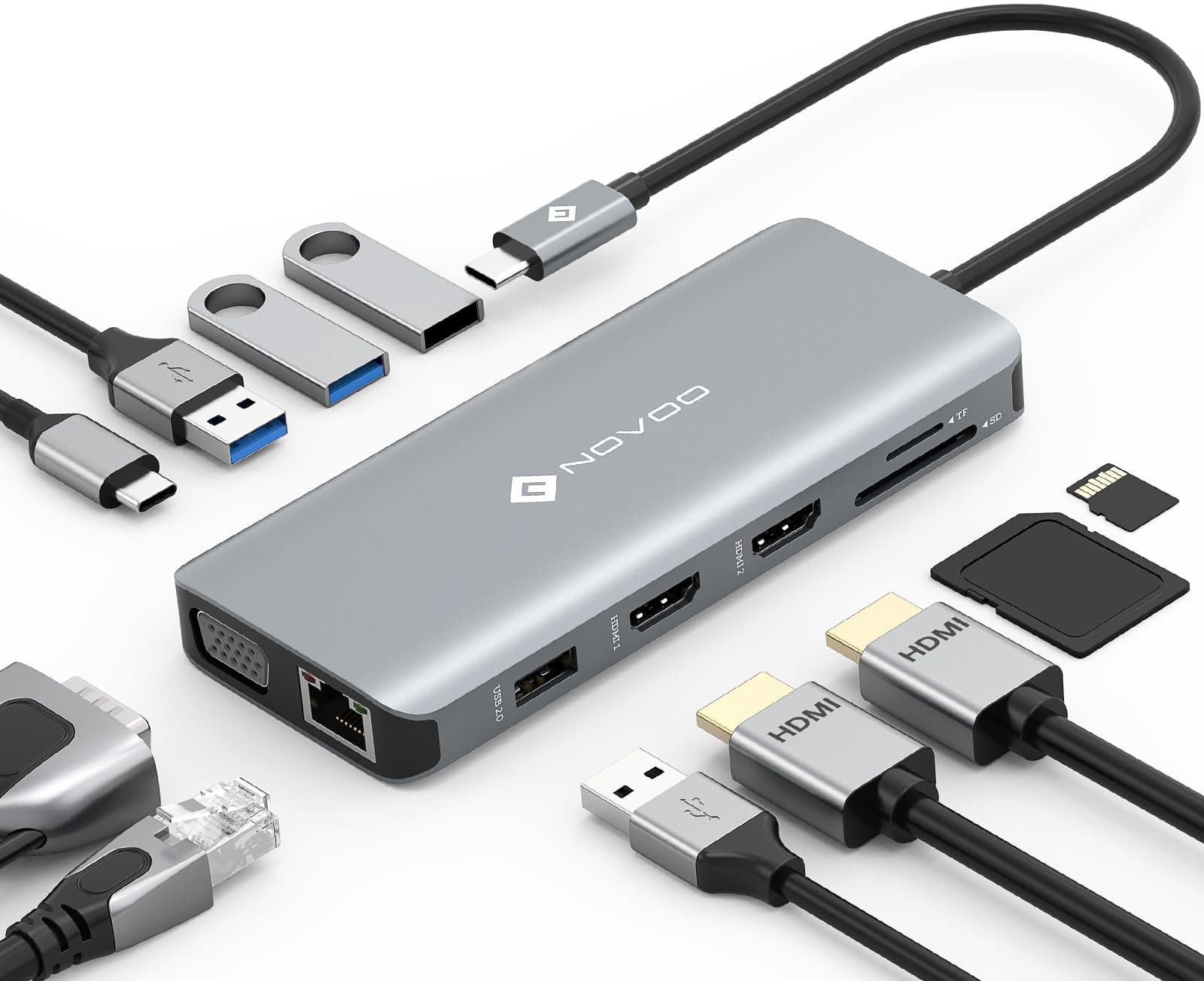 NOVOO Hub USB C con Doble HDMI 4K, Docking Station USB C 11 en 1 con RJ45 Gigabit Ethernet, 2 USB 3.0, 2 USB 2.0, VGA, Tipo C 100W PD, Tarjetas SD/TF Adaptador para MacBook Pro/Air, DELL, Lenovo