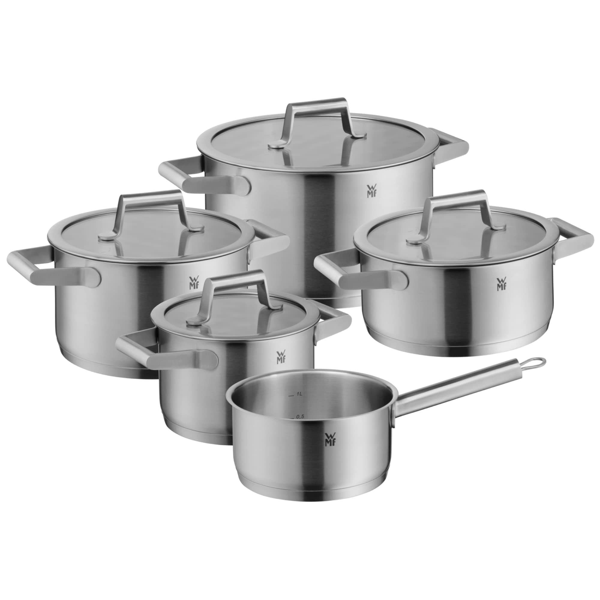 WMF Comfort Line - Juego de ollas de inducción (5 piezas, con tapa de cristal, acero inoxidable Cromargan mate, escala, juego de ollas apilables, sin revestimiento)