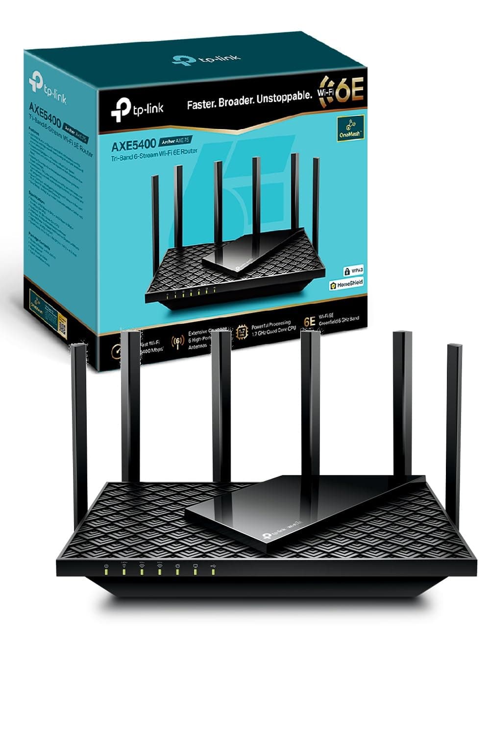 TP-Link Archer AXE75 Routeur WiFi6E Tri-Bande AXE5400Mbps, 5 Ports Gigabit, Port USB 3.0, La Toute Nouvelle Bande 6 GHz, WPA3, HomeShield, EasyMesh, Brancher et Utiliser, Compatible avec Alexa