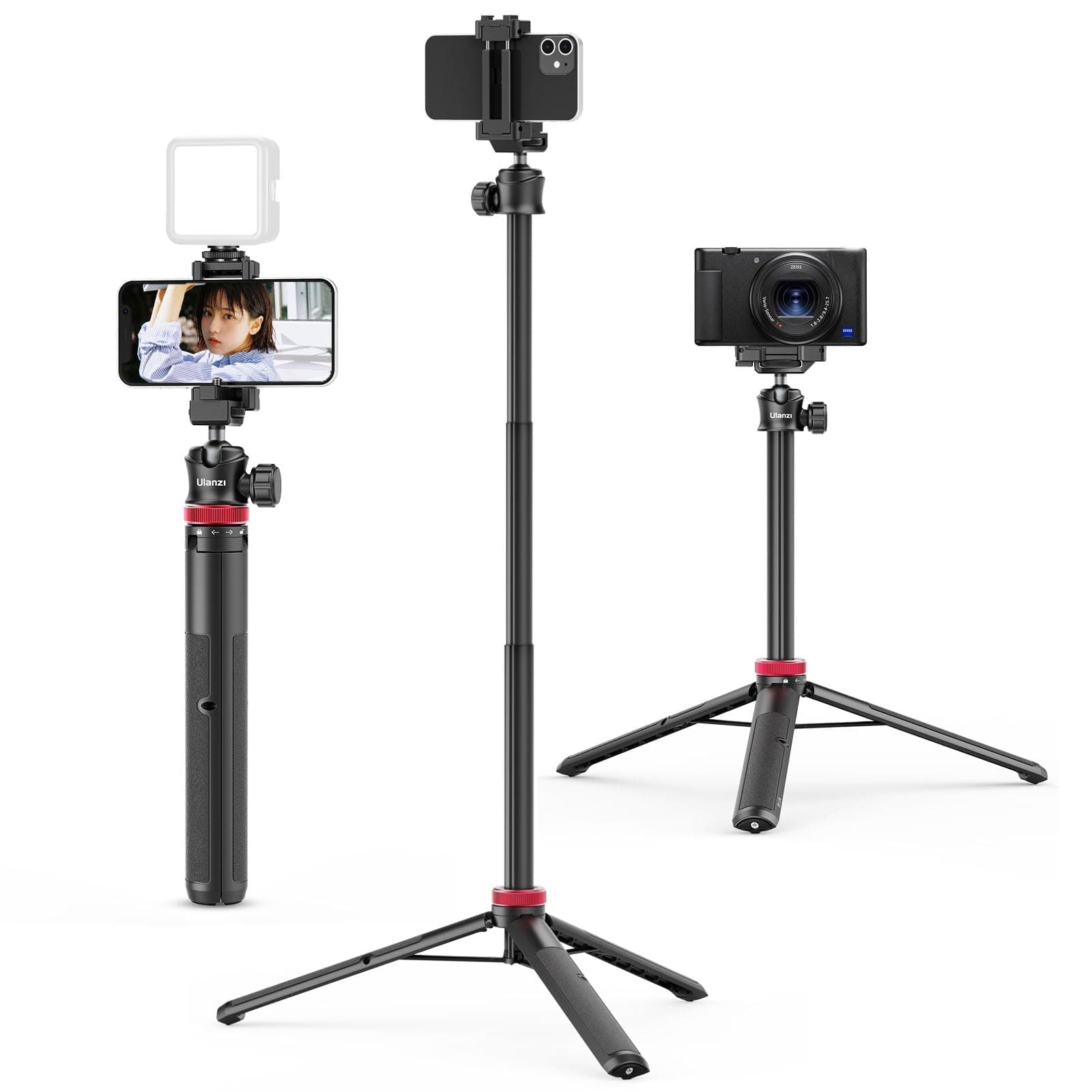 ULANZI MT-44 Handy Kamera Stativ 147cm 2in1 Selfie Stick Fernbedienung, 360° Kugelkopf, Cold Shoe Handyhalterung, 1/4" Gewinde Kompakt Reisestativ Dreibein Tripod für DSLR-Kameras Canon Samsung iPhone