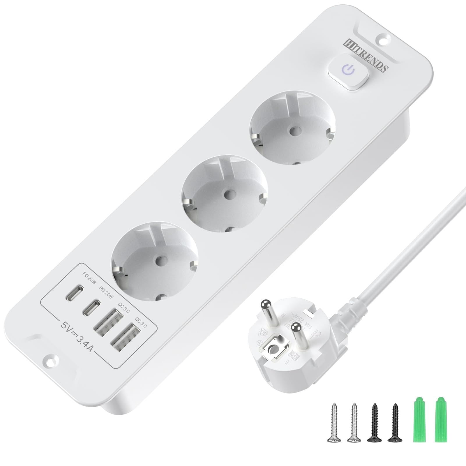 Enchufe retráctil con USB, 3 enchufes empotrables con 2 USB, enchufe empotrado en la mesa con 2 USB C, regleta con cable de 2 m para encimera, muebles, color blanco