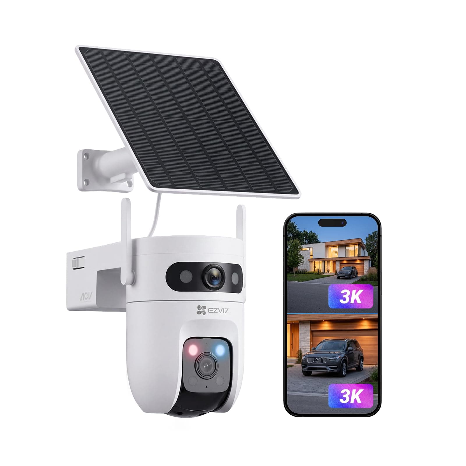EZVIZ 3K+3K Camera Exterieur sans Fil à Double Objectif, CB9c+ Solaire 8W | Co-Détection 360°,Mode AOV (24h/24), Zoom 4x, Détection Personne/Véhicule, Vision Nocturne Couleur, Sirène et Flash