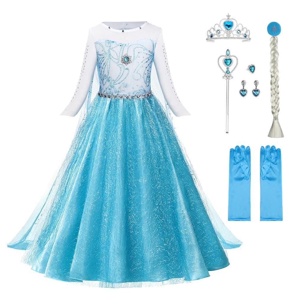 URAQT Robe Déguisement Princesse Fille, Costume et Accessoires pour Noël Halloween Anniversaire - Cosplay avec Couronne Baguette (100-150cm)