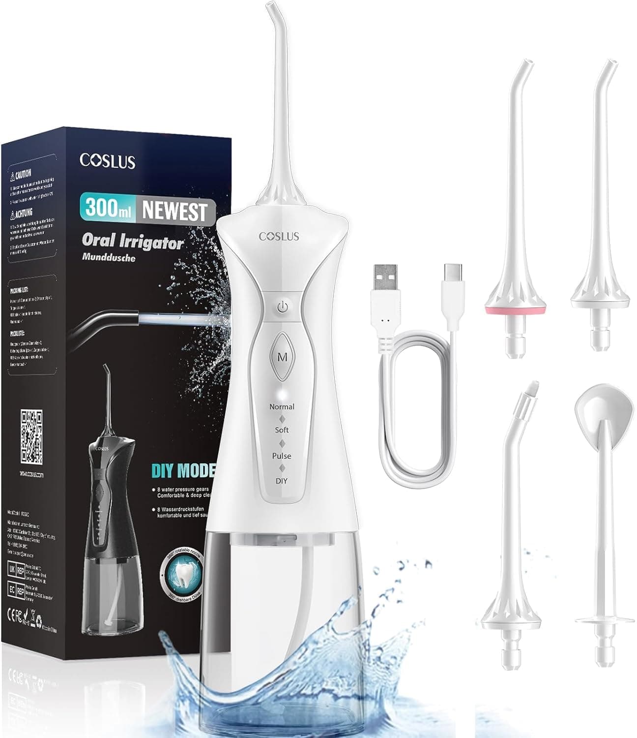 COSLUS Hydropulseur jet Dentaire Portable: 4 Modes Hydropulseur et Irrigateurs Oral, Réservoir d'eau 300 ml Vainqueur du Test, Rechargeable et Étanche IPX7, Blanc