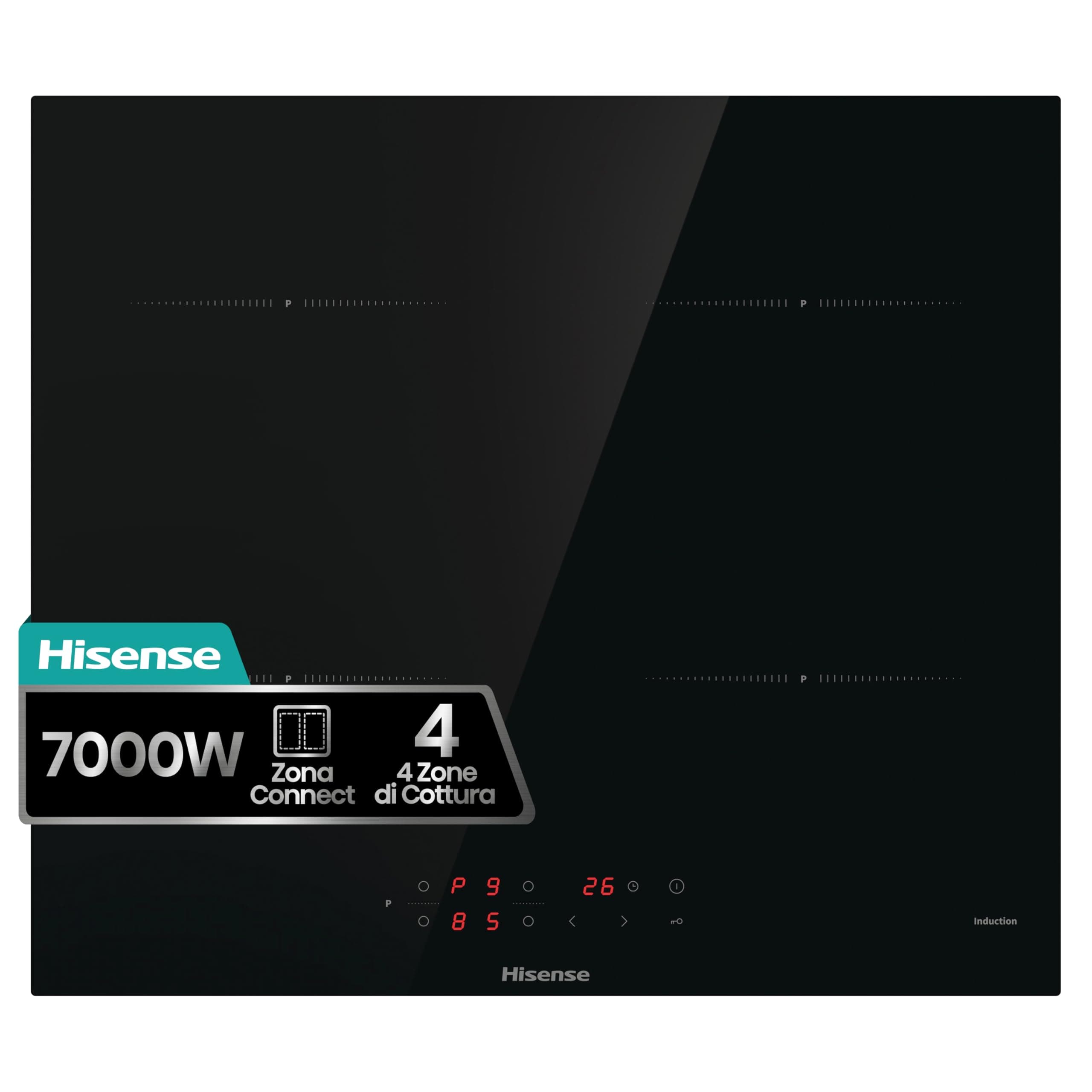 Hisense HIA64UK - Piano Cottura a Induzione, larghezza 59 cm, 4 Zone, Potenza Totale 7000W, Zona Connect, Power Boost, Timer, Vetroceramica Easy Clean