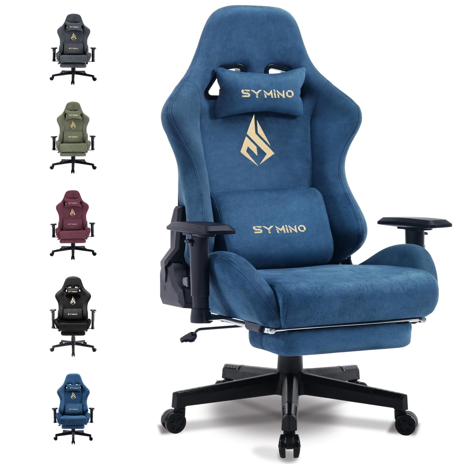 Symino Chaise Gaming Ergonomique et Fauteuil Gamer avec Repose-Pieds Télescopique Coussin à Ressorts, Support Lombaire et Hauteur Réglable 200kg (Faux Daim, Bleu)
