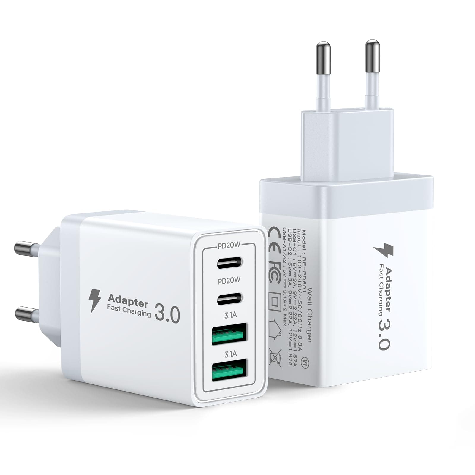 2Pack Chargeur USB C 40W Rapide Multiple Prise USB C pour iPhone 16 15 14 13 12 11 Pro Max XS XR SE 8 7 6S Plus Mini, iPad, Samsung Galaxy - 4-Port Adaptateur Secteur Type C