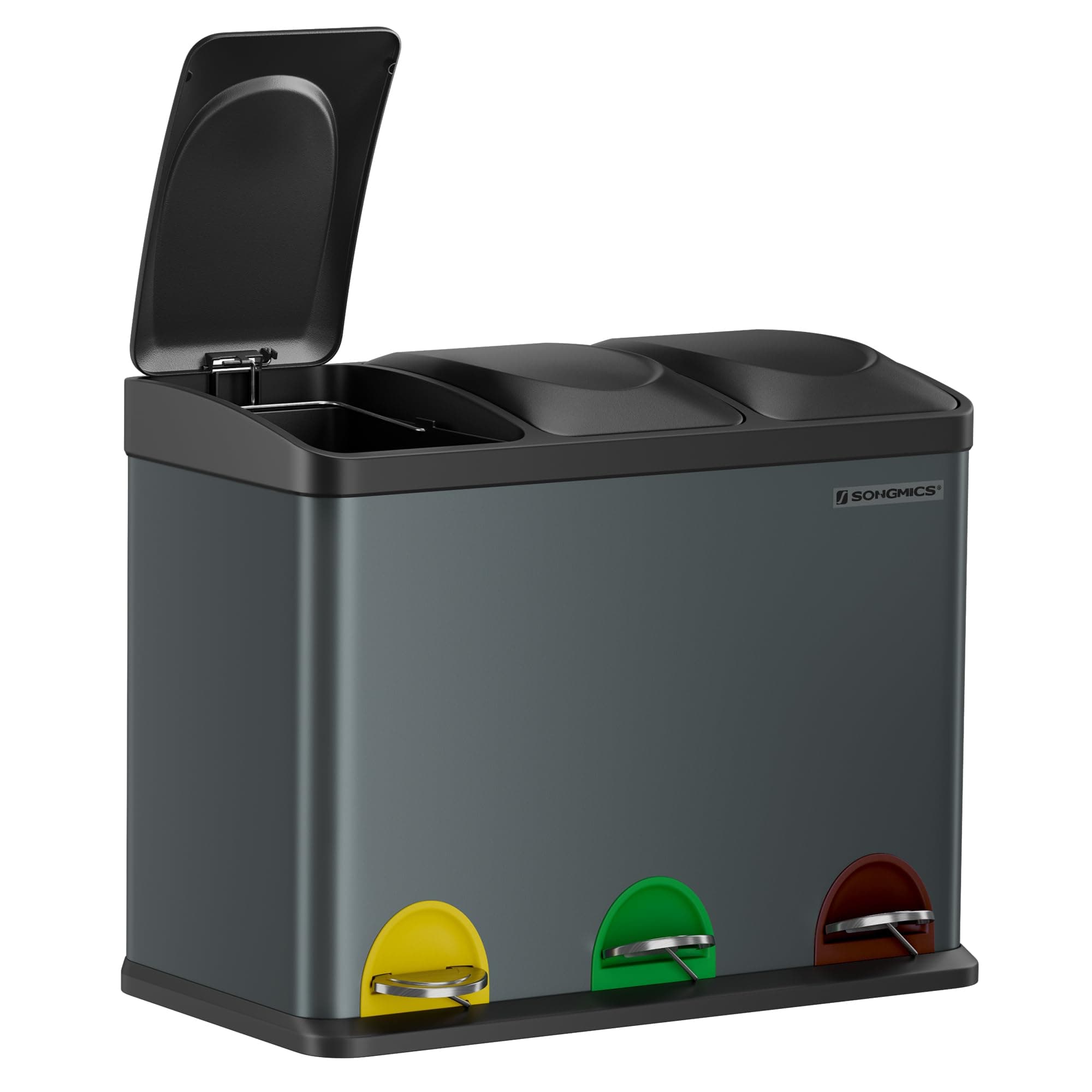 SONGMICS Cestino da Cucina, Pattumiera per Riciclaggio, Pattumiera Tripla a Pedale, in Metallo da 45 Litri, per Raccolta Differenziata, 3 x 15L, con Coperchio, Acciaio, Grigio Verdastro LTB45G