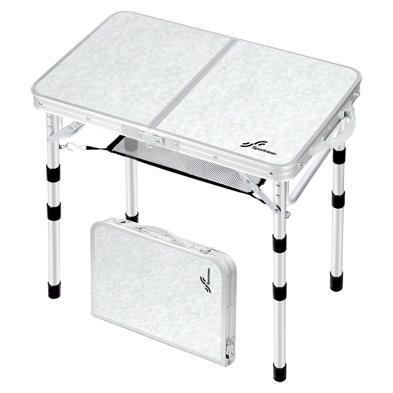 Sportneer Tavolino da Campeggio Pieghevole, Regolabile in Altezza, 60×40 cm, Portatile con Ripiano in Rete, 4 Altezze, Tavolo da Esterno per Picnic e Spiaggia, Bianco