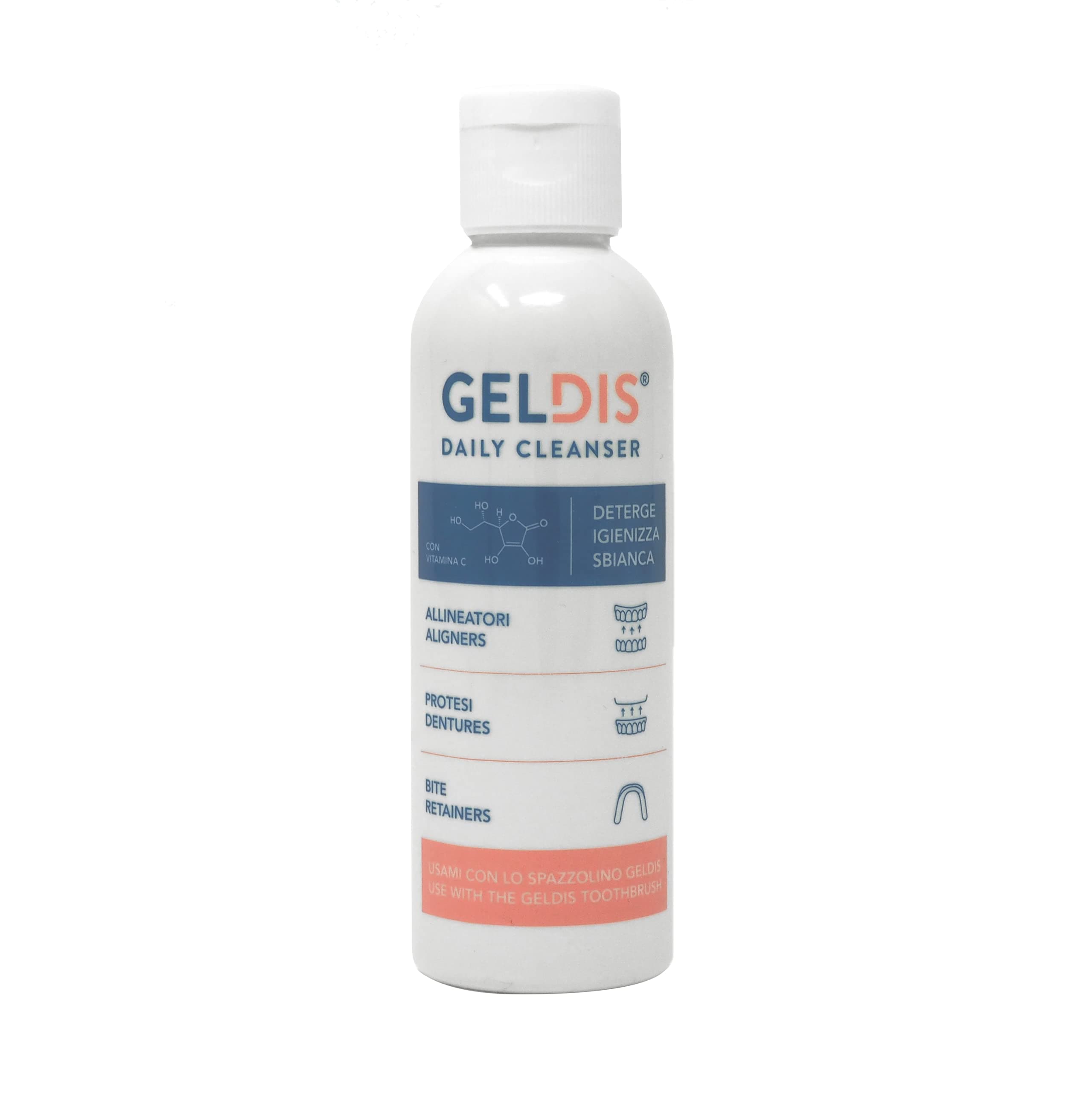 GELDIS® Daily Cleanser - Geldis Gel Detergente Igienizzante per l’igiene quotidiana di Mascherine Trasparenti Apparecchi Ortodontici Protesi Dentarie e Bite (100 ml 1 pezzo)