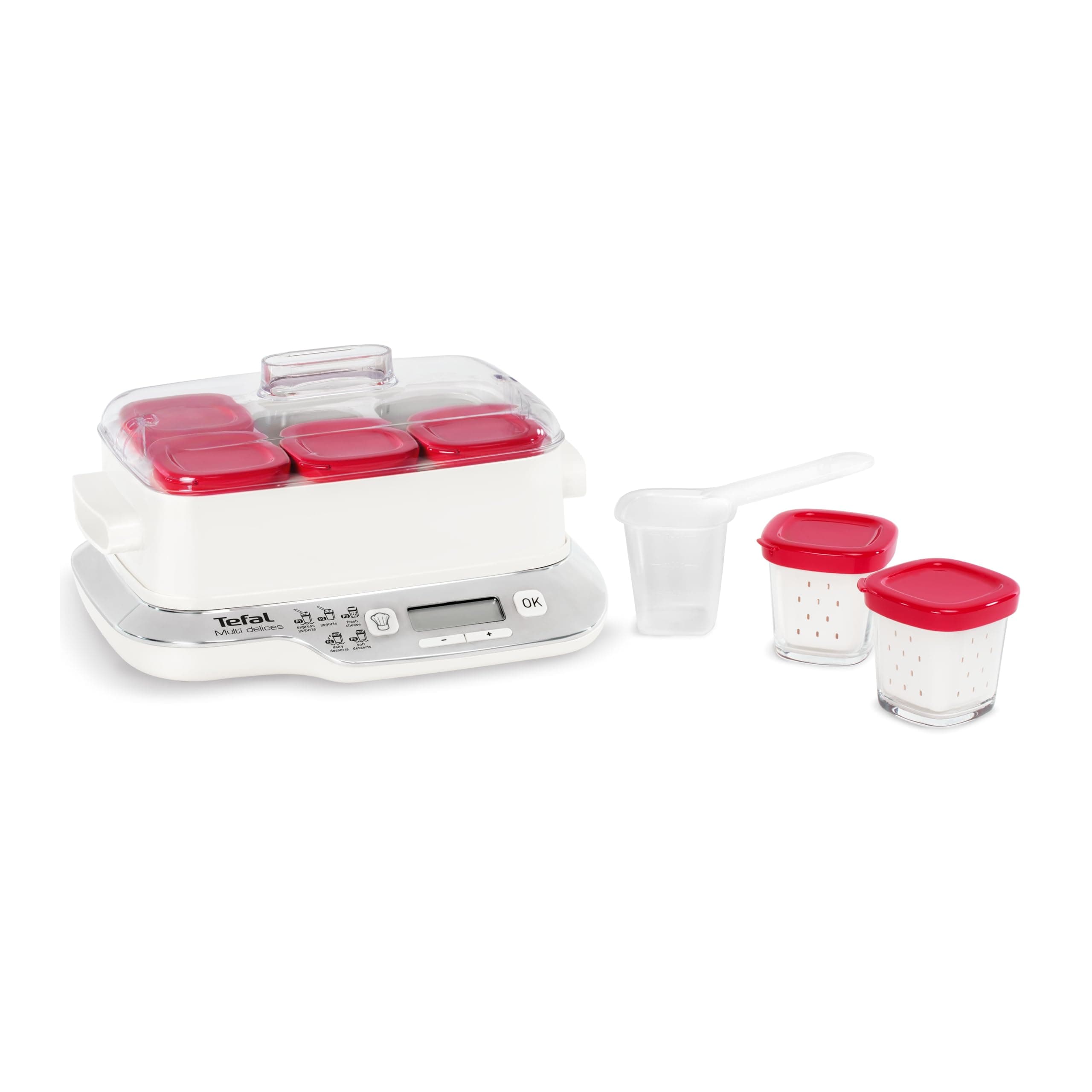 Tefal Multi Delices Express, Yaourtière, 6 Pots, Rouge, Yaourt Maison, 5 Programmes automatiques, desserts lactés, fromages blancs et desserts moelleux, Pots de 140ml, 100% sans BPA, YY5425FB