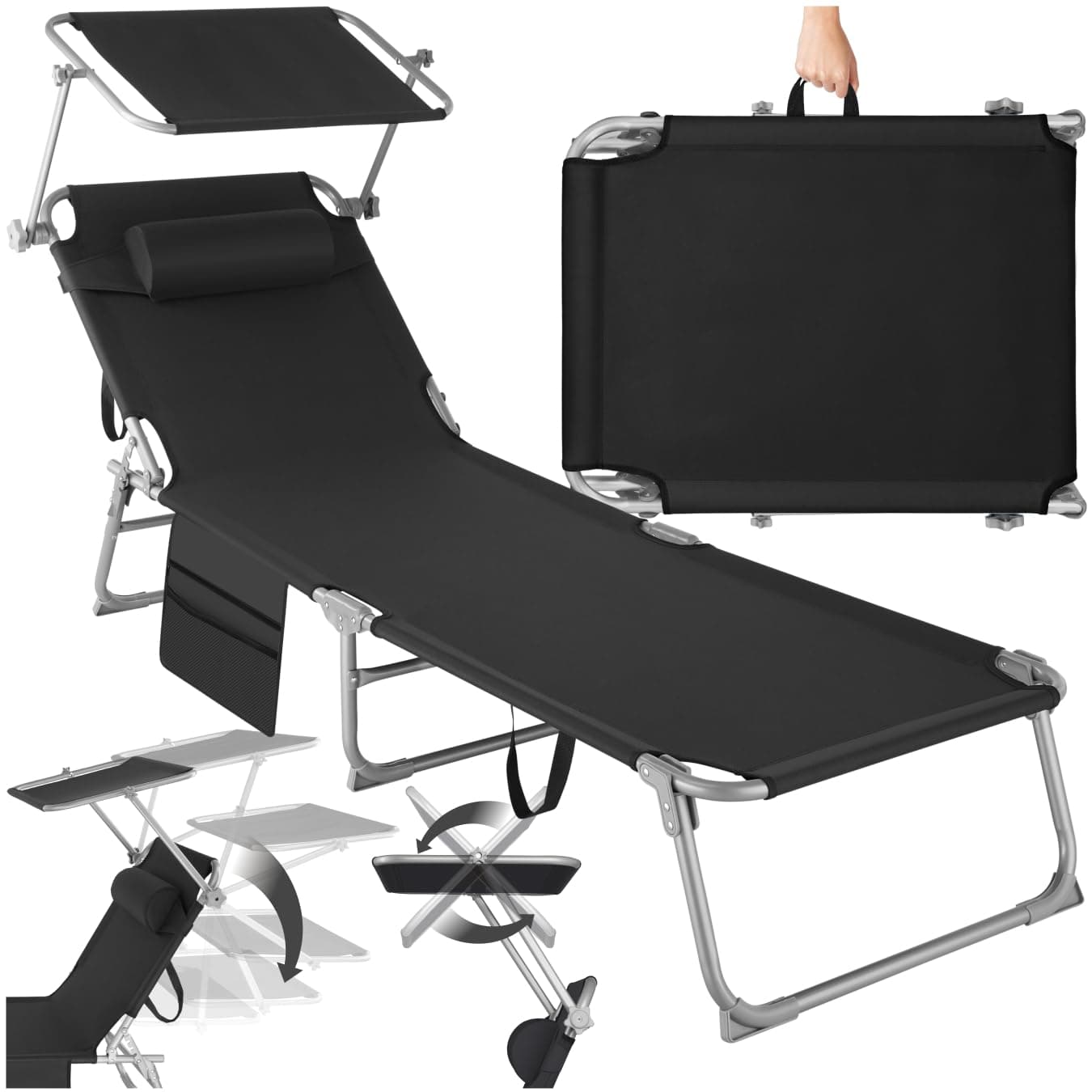 tectake® Sonnenliege klappbar, tragbar, Liege mit Seitentasche, Strandliege, Gartenliege mit Dach, Liegestuhl mit Verstellbarer Rückenlehne, inkl. Kopfkissen - für Balkon, Terrasse, Camping - schwarz