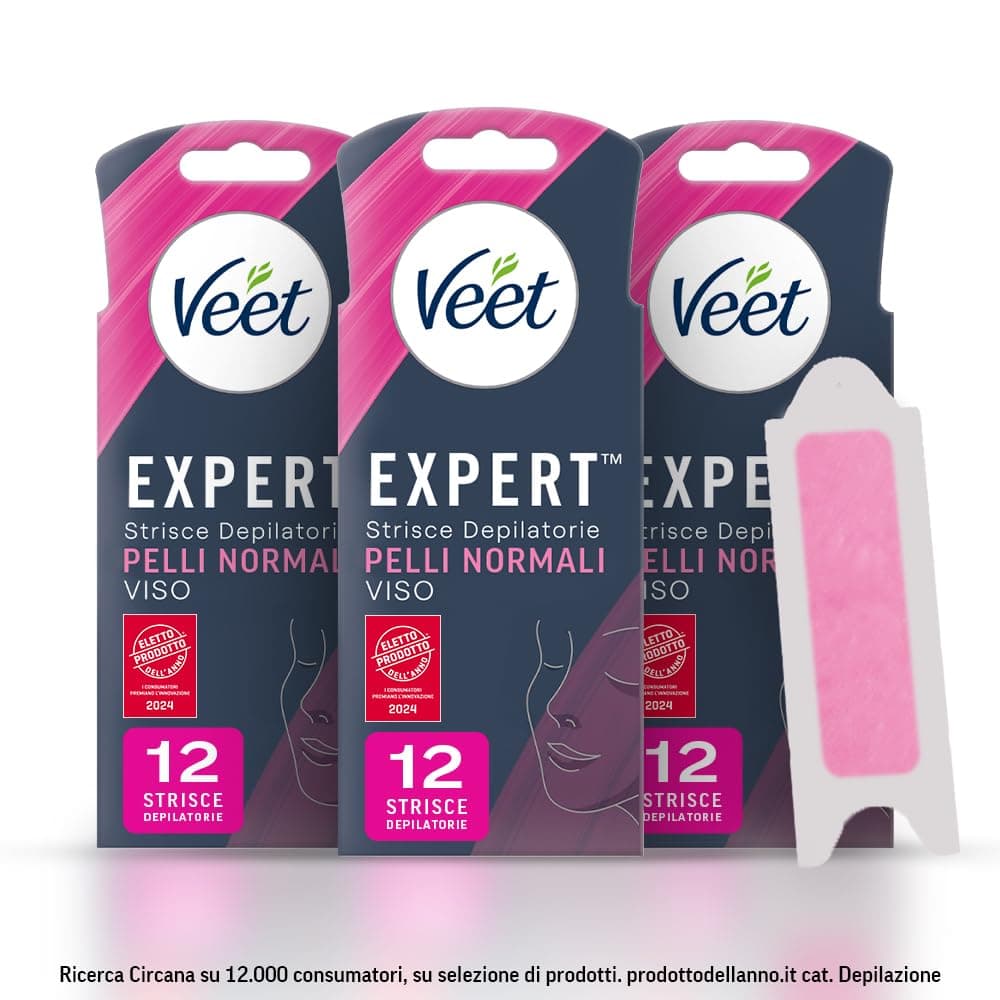 Veet Expert strisce depilatorie Pelli Normali, Per Viso, Dermatologicamente testate, Confezione da 36 con 6 salviette Post Epilazione