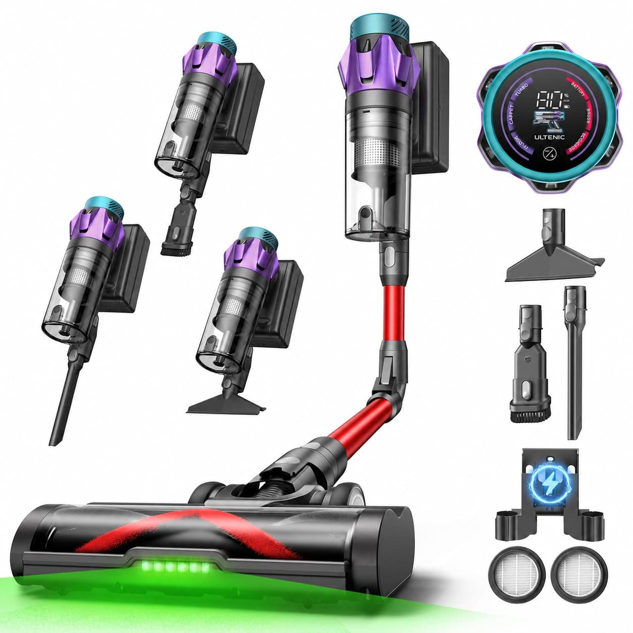 Ultenic U18Pro Aspiradora sin Cable 55Kpa/80Mins, Sistema Multiciclón, Display con Tiempo Restante en Minutos y Limpieza sin Agacharse, Escoba Aspirador Anti-enredos para Pelo de Mascotas y Alfombras