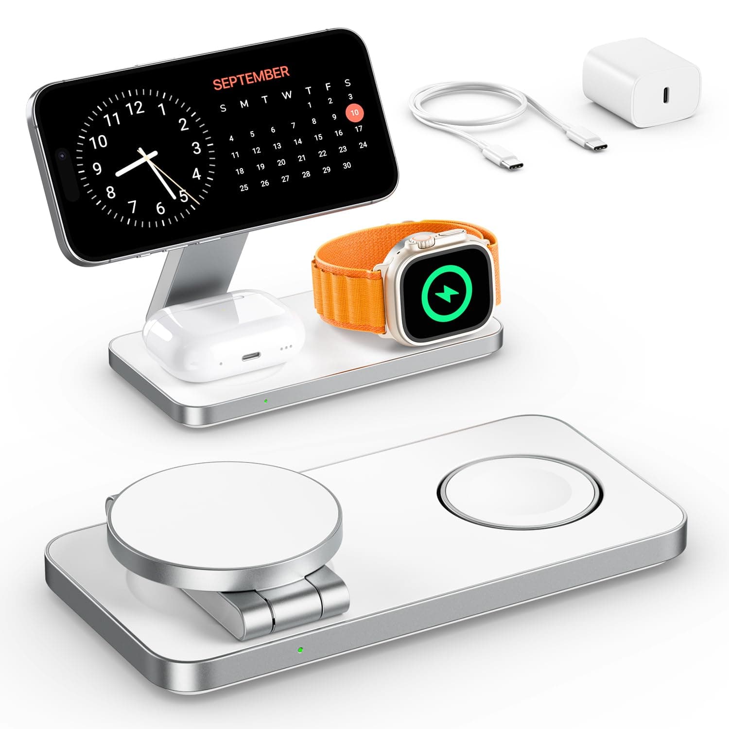 EXW Station de Charge for iPhone 17 16 15 14 13 12 Pro/Max/Plus, Apple Watch 9 8 SE 7 6 5 4 3 2, Airpods 2/3/Pro,Station de Charge Chargeur Mag-Safe,Chargeur sans Fil Rapide (Blanc)