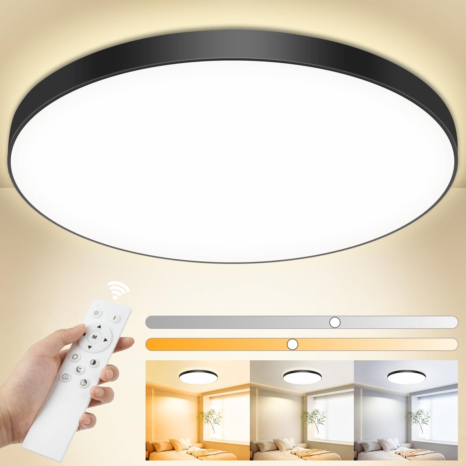 OUILA Plafon LED Techo Regulable,24W 3000K-6500K Lampara Techo con Mando a Distancia,IP44 2000LM Lampara LED Techo Plafones para Techo Led para Dormitorio Cocina Salon Baño Comedor Pasillo Ø28cm