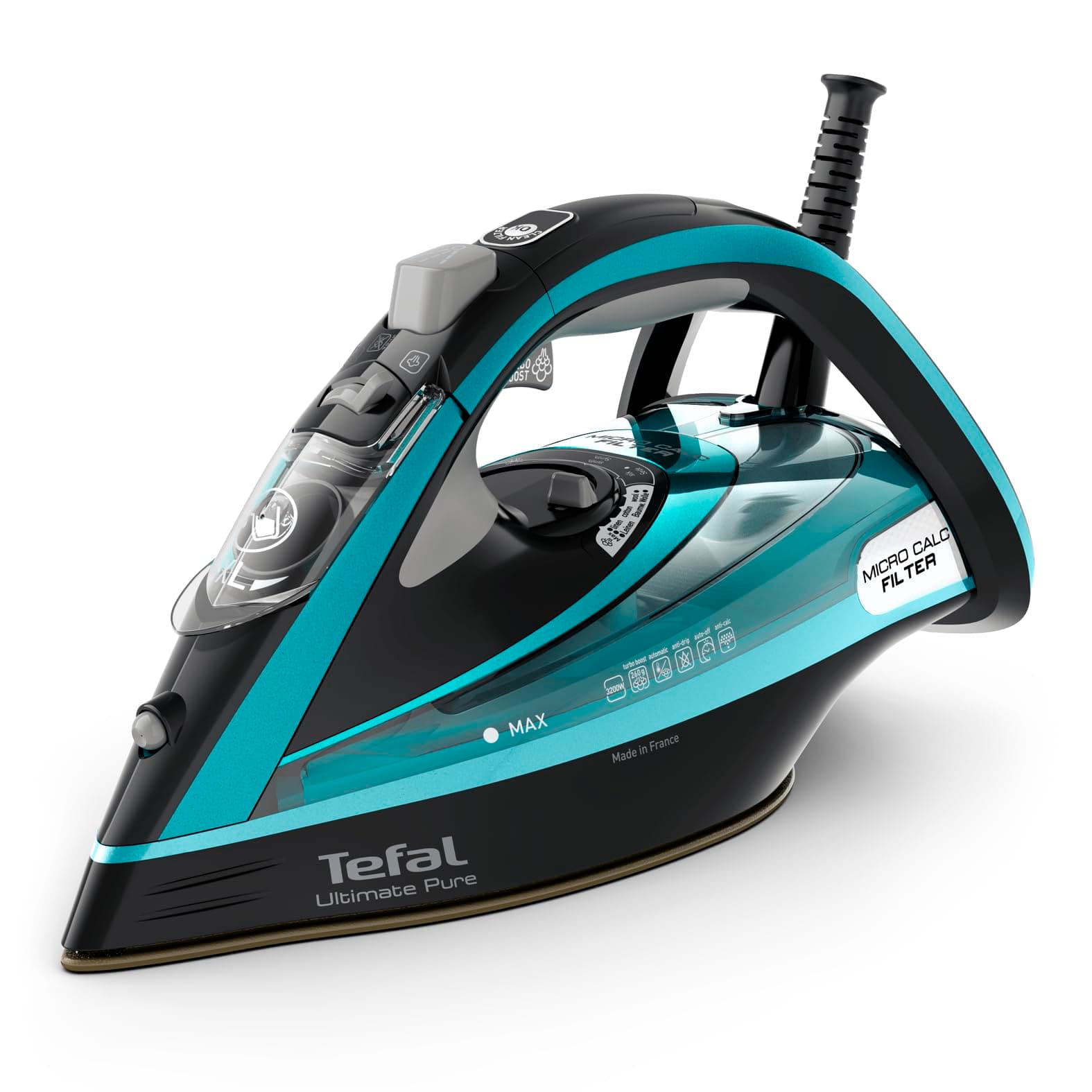 Tefal Dampfbügeleisen Ultimate Pure, 3200 W, 1,2 kg, Micro-Calc-Filter, Durilium Airglide Autoclean-Bügelsohle, automatische Abschaltung, ‎0,35 Liter Wassertank, Made in France, schwarz/türkis, FV9844