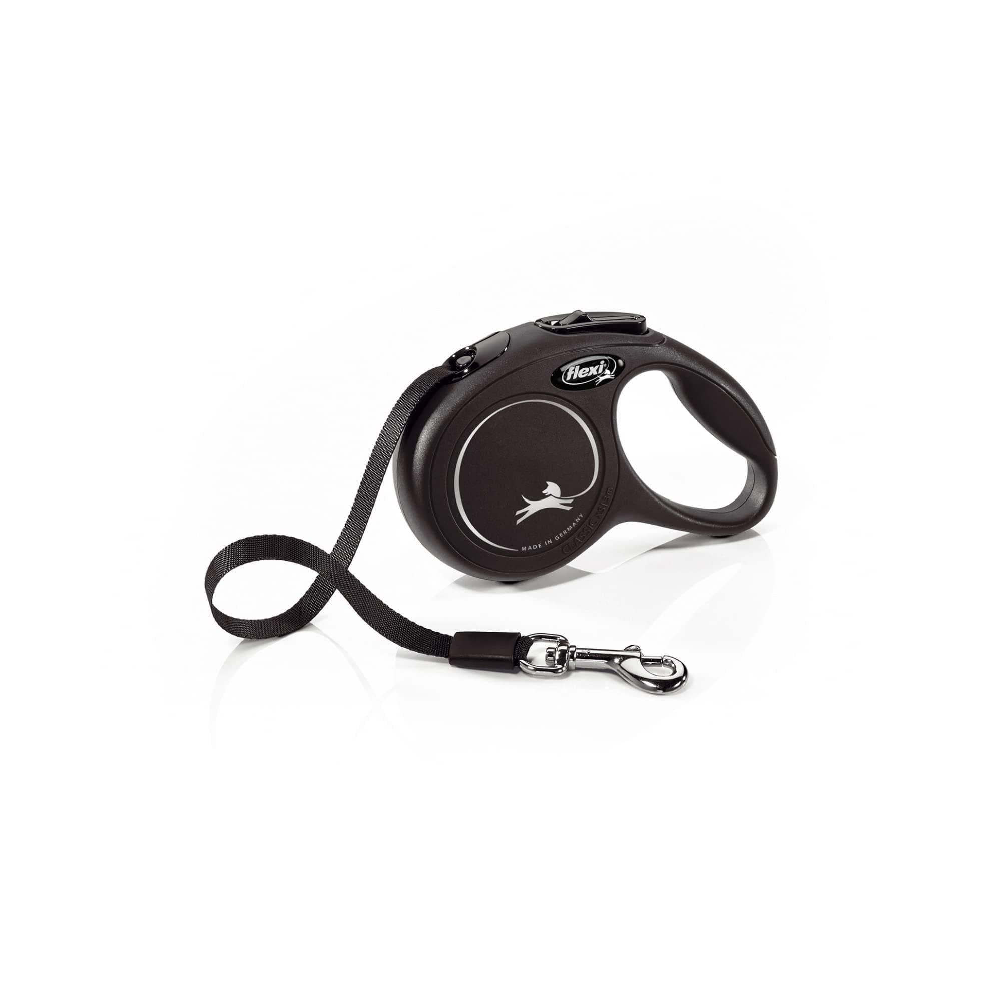 flexi® Classic XS | Laisse rétractable à sangle de 3 m pour petits chiens jusqu'à 12 kg | Format de poche | poignée à 3 doigts | Noir | Laisse à enrouleur | Poids : 110 g | Dimensions : 8,2 x 13 cm