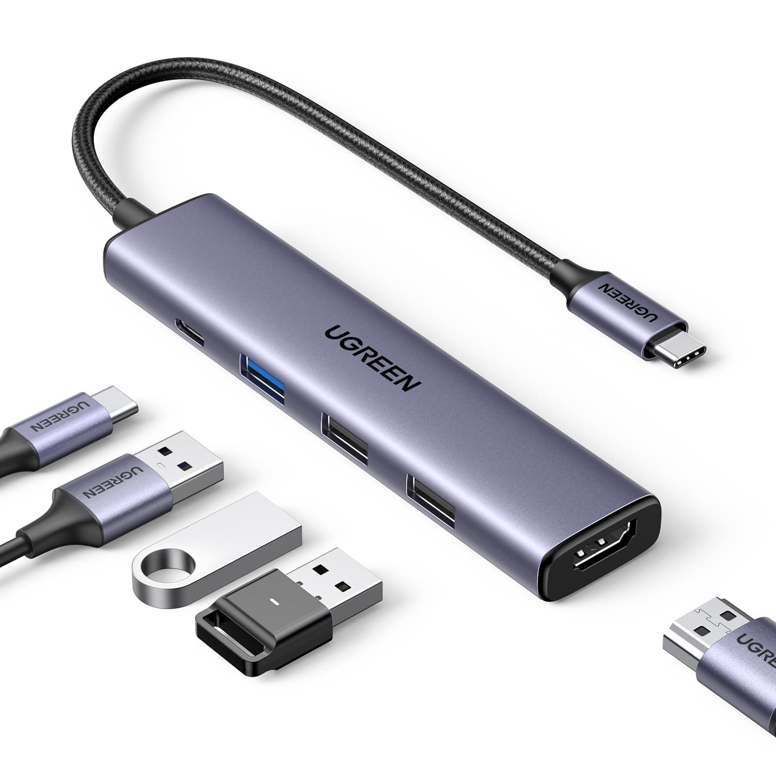 UGREEN Revodok 105 Hub USB C HDMI 4K PD 100W Charge Multi Data Ports 5Gbps 5 en 1 Adaptateur USB C vers HDMI Compatible avec MacBook iPad Pro Air Surface iPhone 17 Pro Max 16 15 Série Galaxy S25