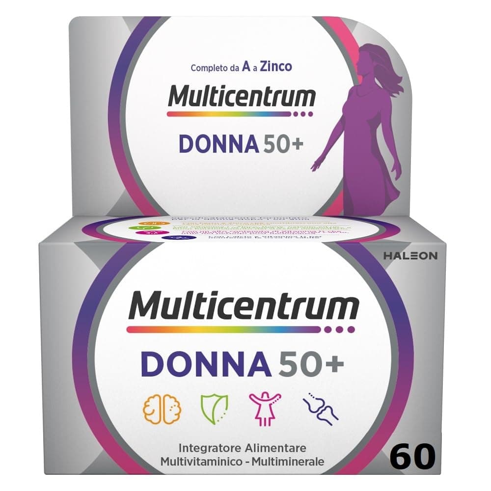 Multicentrum Donna 50+ Integratore Multivitaminico completo, con Magnesio, Vitamina A, D, B12, Calcio, per combattere stanchezza e affaticamento per Donne oltre 50 anni, 60 Compresse