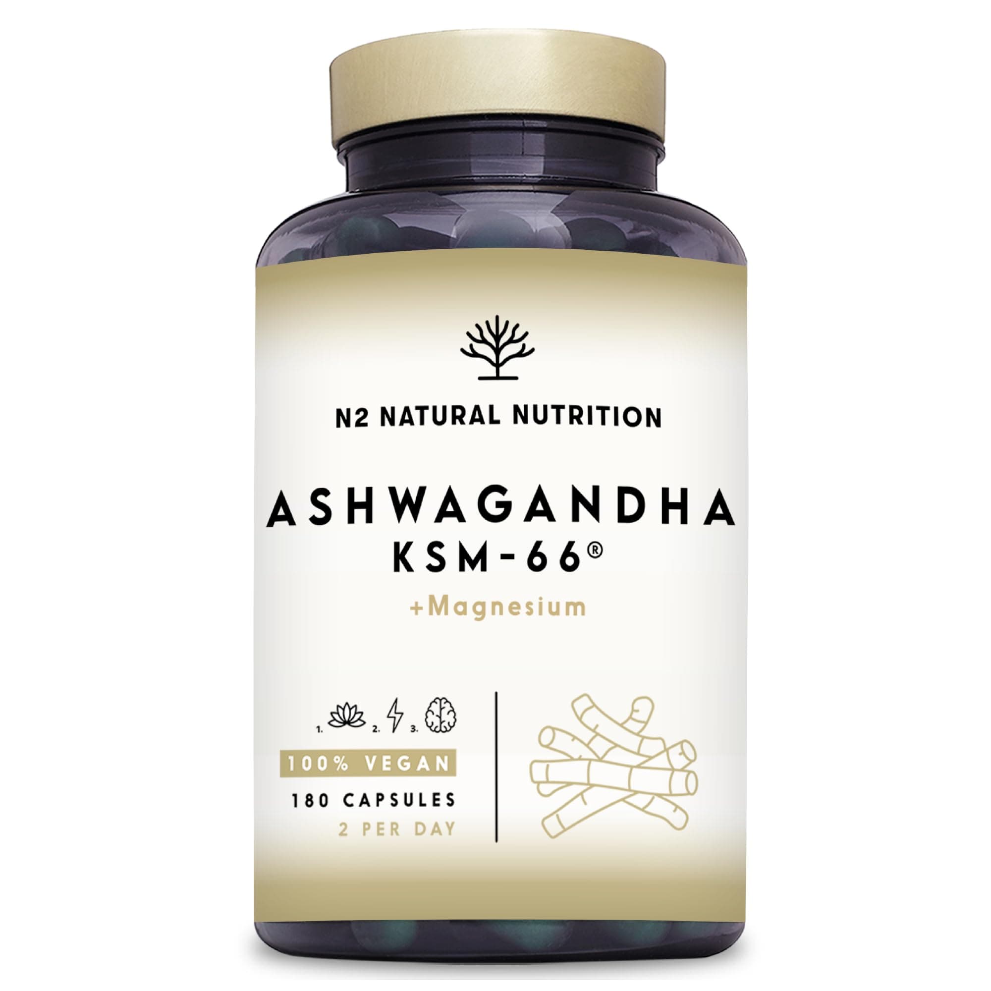 Ashwagandha KSM-66® + Magnesio. 7500 mg (15:1), 180 Cápsulas. 5% de Whitanólidos. Complemento Natural para Ánimo, Sueño y Concentración. Vegano y 100% compostable. N2 Natural Nutrition