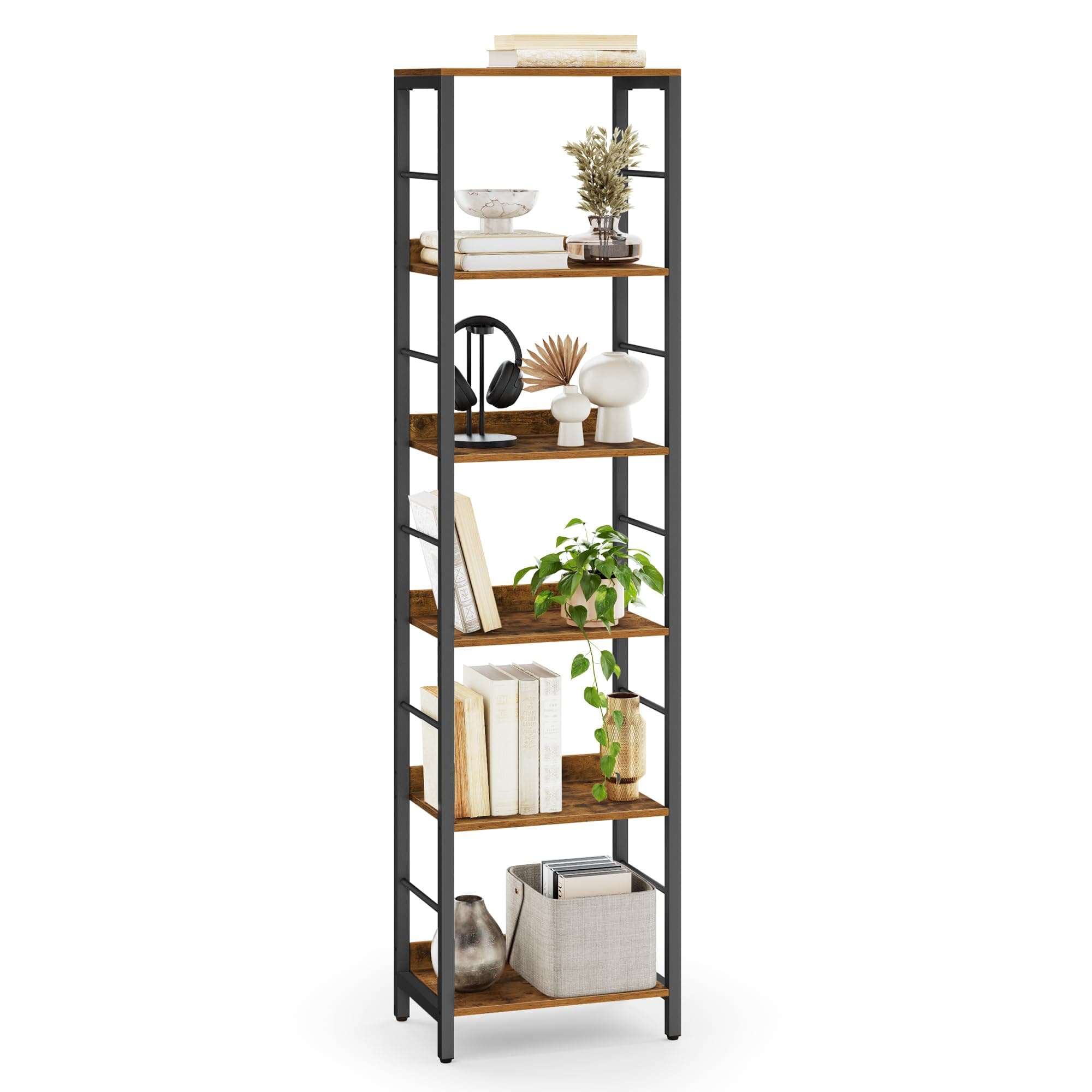 VASAGLE Bücherregal 6 Ebenen, Regal, Aufbewahrungsregal, 30 x 40 x 178 cm, mit Rückplatten, für Wohnzimmer, Arbeitszimmer, Homeoffice, Industrie-Design, vintagebraun-tintenschwarz LLS168KD01