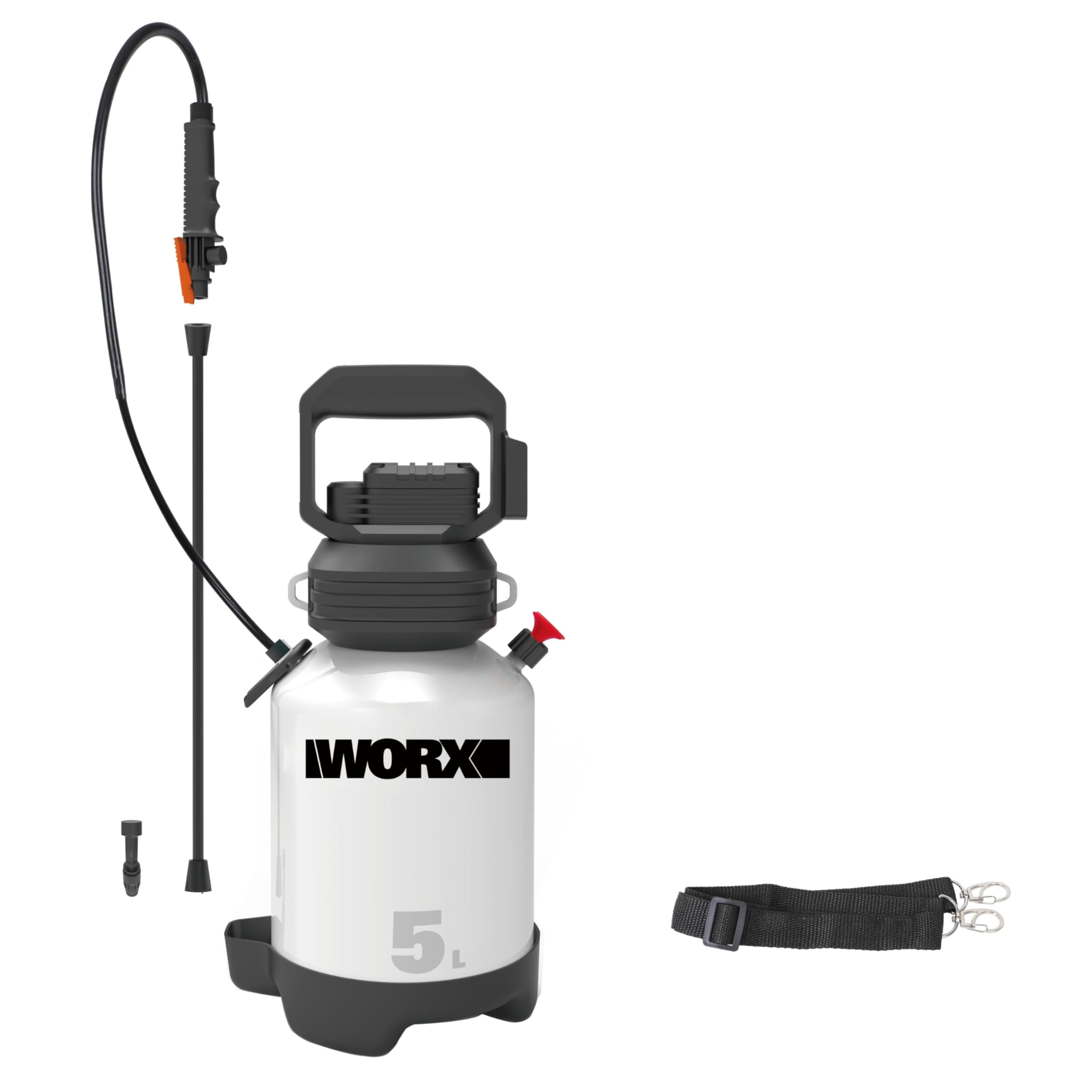 WORX Pulvérisateur à Pression de Jardin sans Fil 20V WG829E.9, 5 litres, débit de 25L/h, buse de pulvérisation, Lance Longue, Courroie d'épaule, soupape de sécurité, Livré sans Batterie ni Chargeur