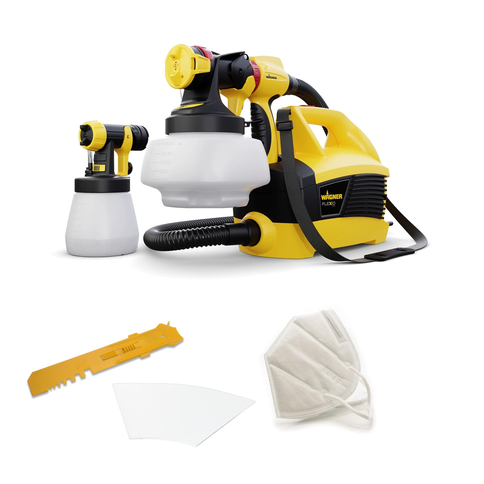 WAGNER pulverizador de Pintura W 690 FLEXiO par plásticas/látex, Barnices y esmaltes, Interiores y Exteriores, 15 m²-6 min, depósito 1800 ml/800 ml, 630 W, Manguera 3,5 m