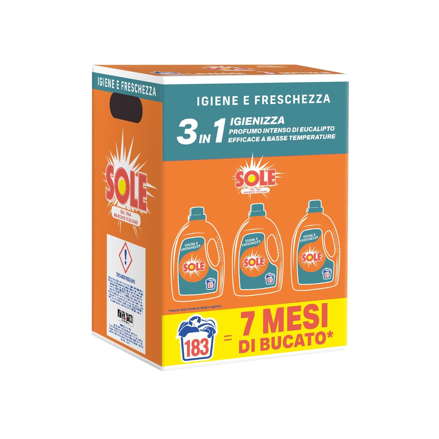 Sole Detersivo Lavatrice Igiene e Freschezza 183 Lavaggi, Formula igienizzante, Detersivo Lavatrice Liquido Igiene e Freschezza, rimuove le macchie a basse temperature