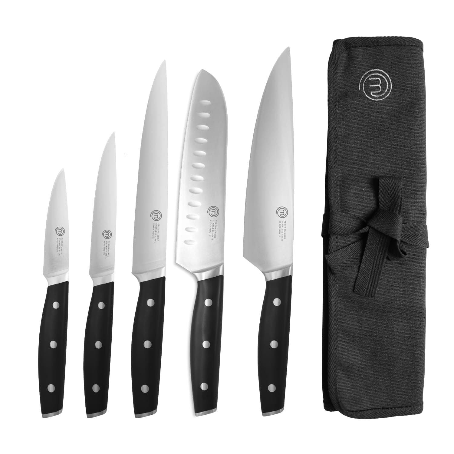 MasterChef Set Coltelli da Cucina Professionali con Borsa Coltelli Chef, Set di Coltelli da Chef, Santoku, Tritatutto, da Ufficio e per Verdure, Acciaio Inossidabile ad Alto Carbonio, 5 Pezzi