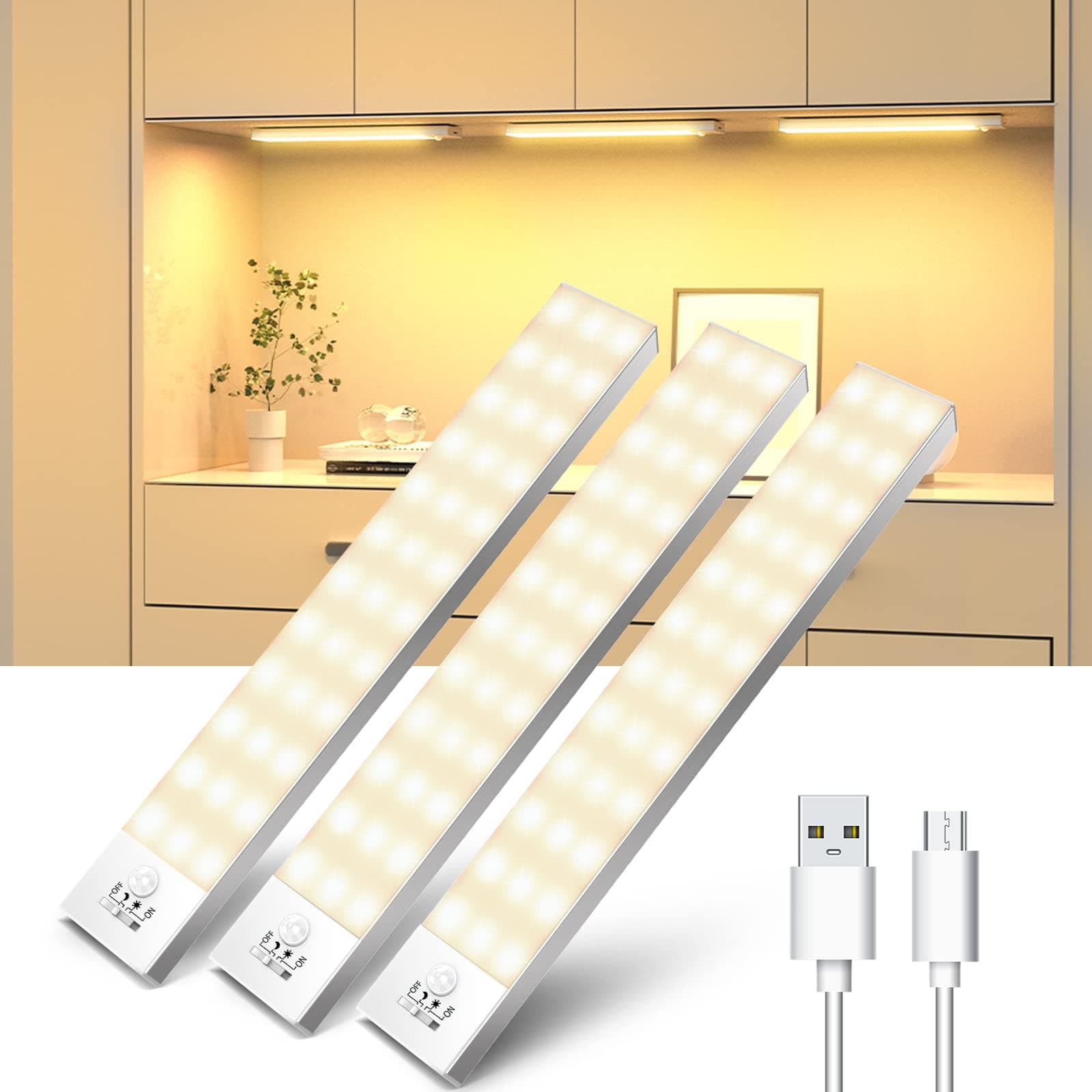 OUILA Led Armadio Luce con Sensore di Movimento Luci Armadio 3000K Luci Calda 4 Modalità Led Sottopensile Luce Notturna USB Ricaricabile Striscia con Sensore per Lngresso, Scale, Vetrina