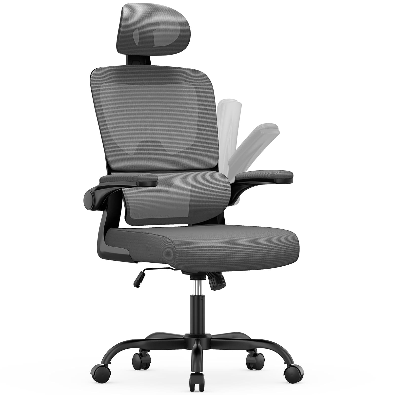 naspaluro Silla Oficina Ergonómica con Soporte Lumbar, Silla de Escritorio de Respaldo con Reposacabezas y Altura Ajustables, Reposabrazos Abatible, Silla Ordenador para Oficina en Casa, Gris Oscuro