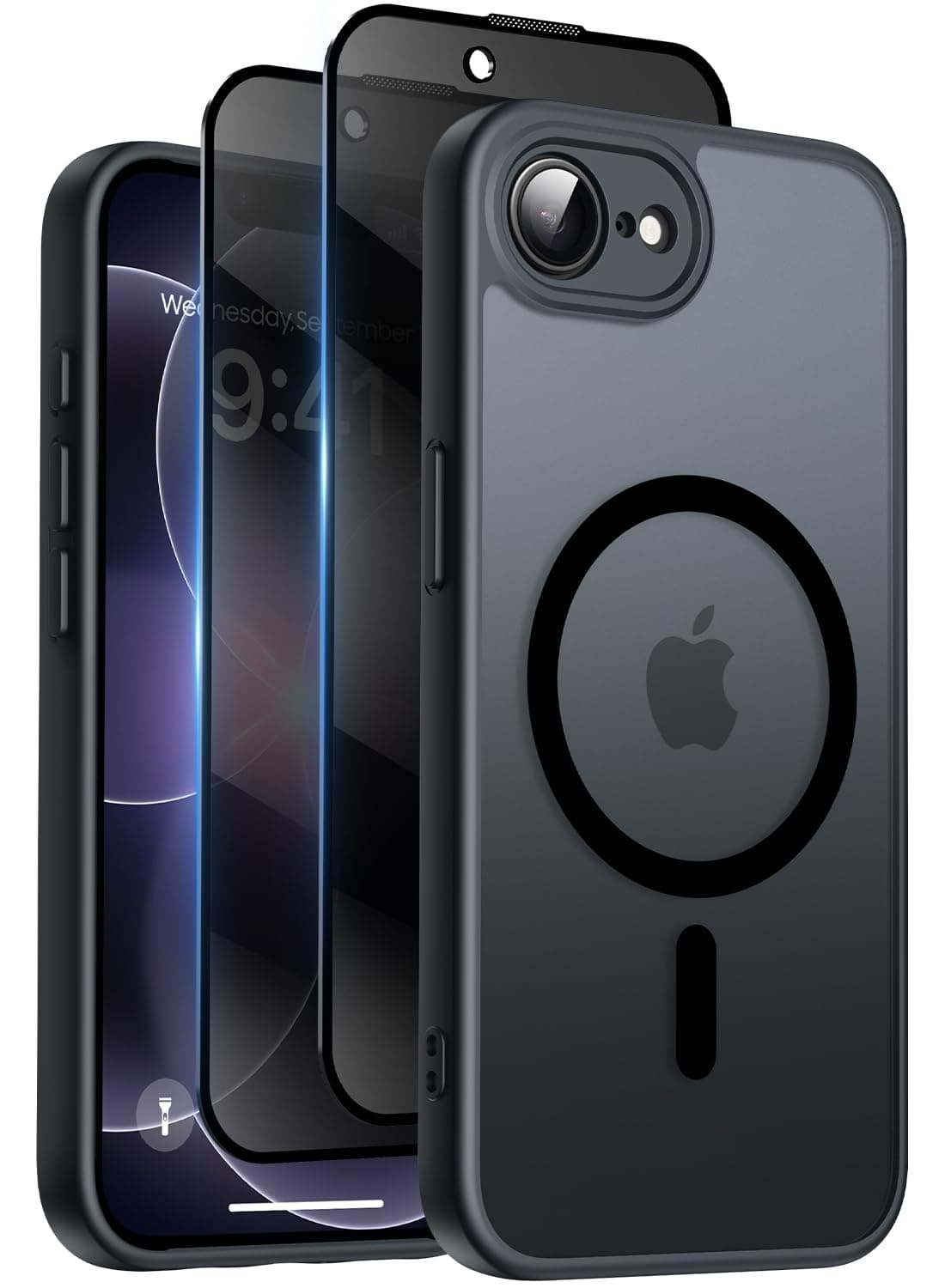 Qasyfanc Coque Magnétique pour iPhone 17e/iPhone 16e 6,1 Pouces avec 2 Verre Trempé Anti-Espion, Compatible avec MagSafe, Étui Mat Translucide Arrière Housse Antichoc Anti-Rayures, Noir