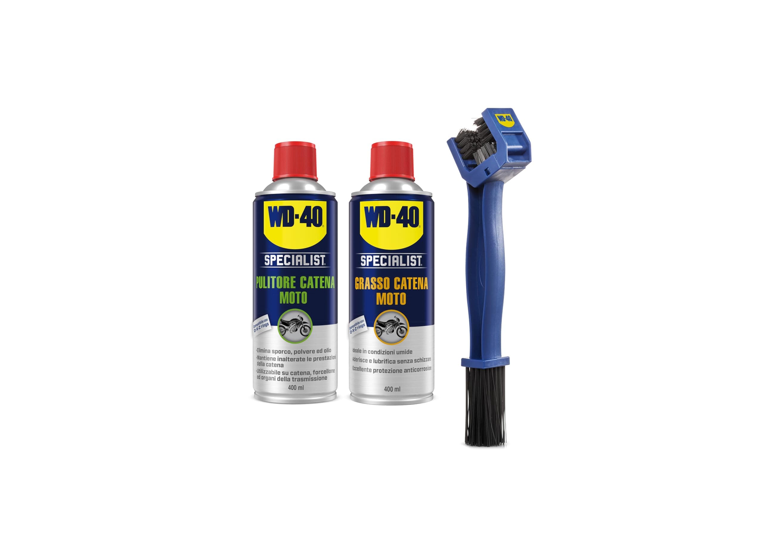WD-40 Specialist - Kit Manutenzione Completo - Professionale per Catena Moto - Pulitore Spray + Grasso Catena Umido + Spazzola 4 Lati - Protezione Anti‑Corrosione per O/X/Z Ring