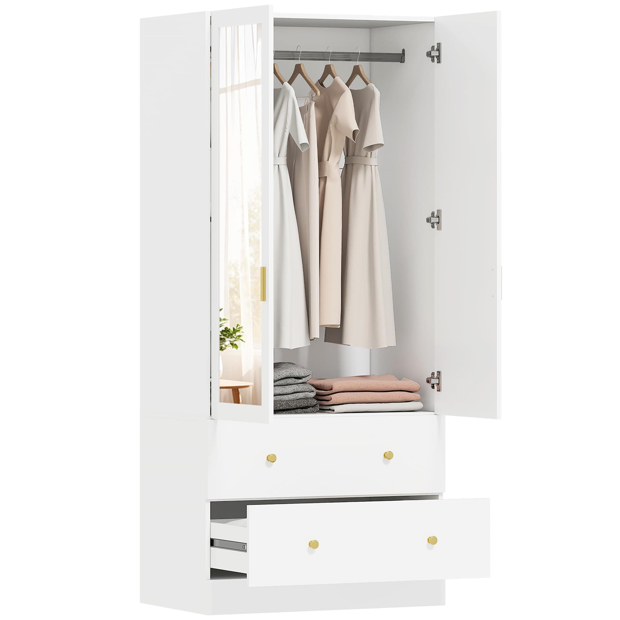 HOMCOM Armoire Chambre penderie avec Miroir, 2 Portes, Armoire à vêtements, Dressing avec 2 tiroirs et Barre de Suspension, Style Moderne, 80 x 50 x 180 cm, Blanc