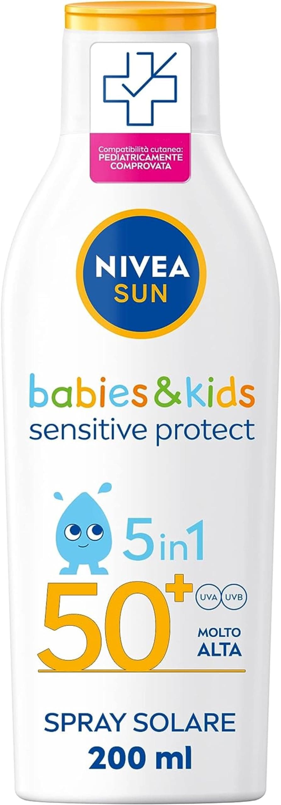 NIVEA SUN Latte Solare Kids Sensitive Protect & Play FP 50+ 200 ml, Crema Solare Bambini e Neonati dai 6 Mesi in su, Crema solare 50+ Resistente all'Acqua