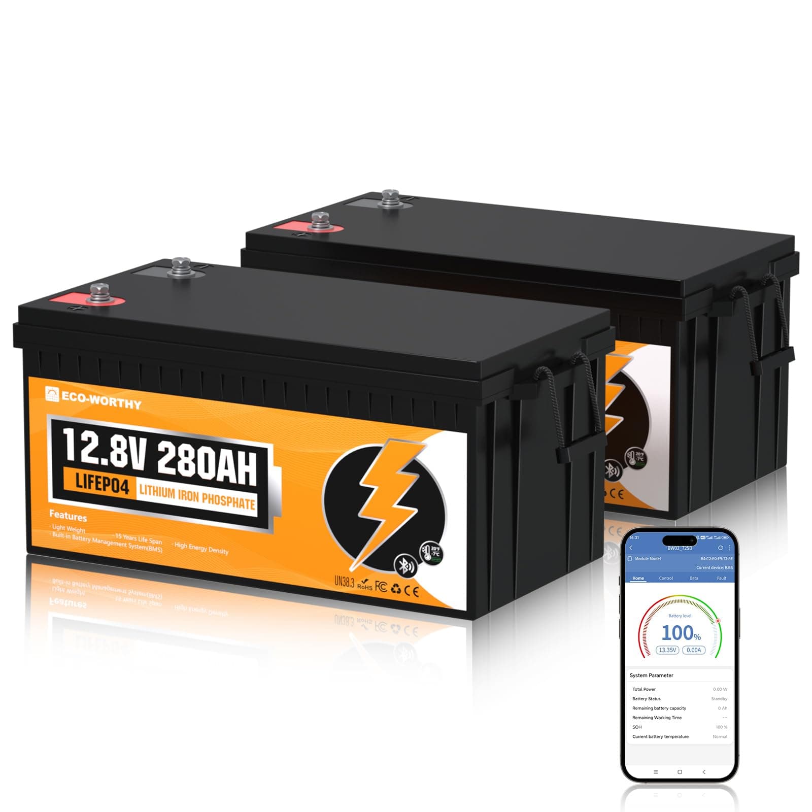 ECO-WORTHY Bateria LiFePO4 2PACK 12V 280Ah Bluetooth con 200A BMS protección Baja Temperatura y hasta 15000 ciclos, 7KWH bateria Litio 12V 280AH para Autocaravana, Juego Completo de Sistema Solar