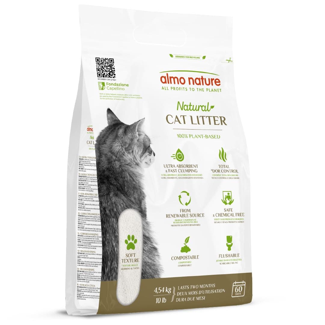 Almo Nature Soft Texture | Lettiera A Trama Finissima Per Gatti, 100% Vegetale, Certificata Biodegradabile e Compostabile | Agglomerante | Copre gli Odori | Compatibile con Robot – 4.54Kg